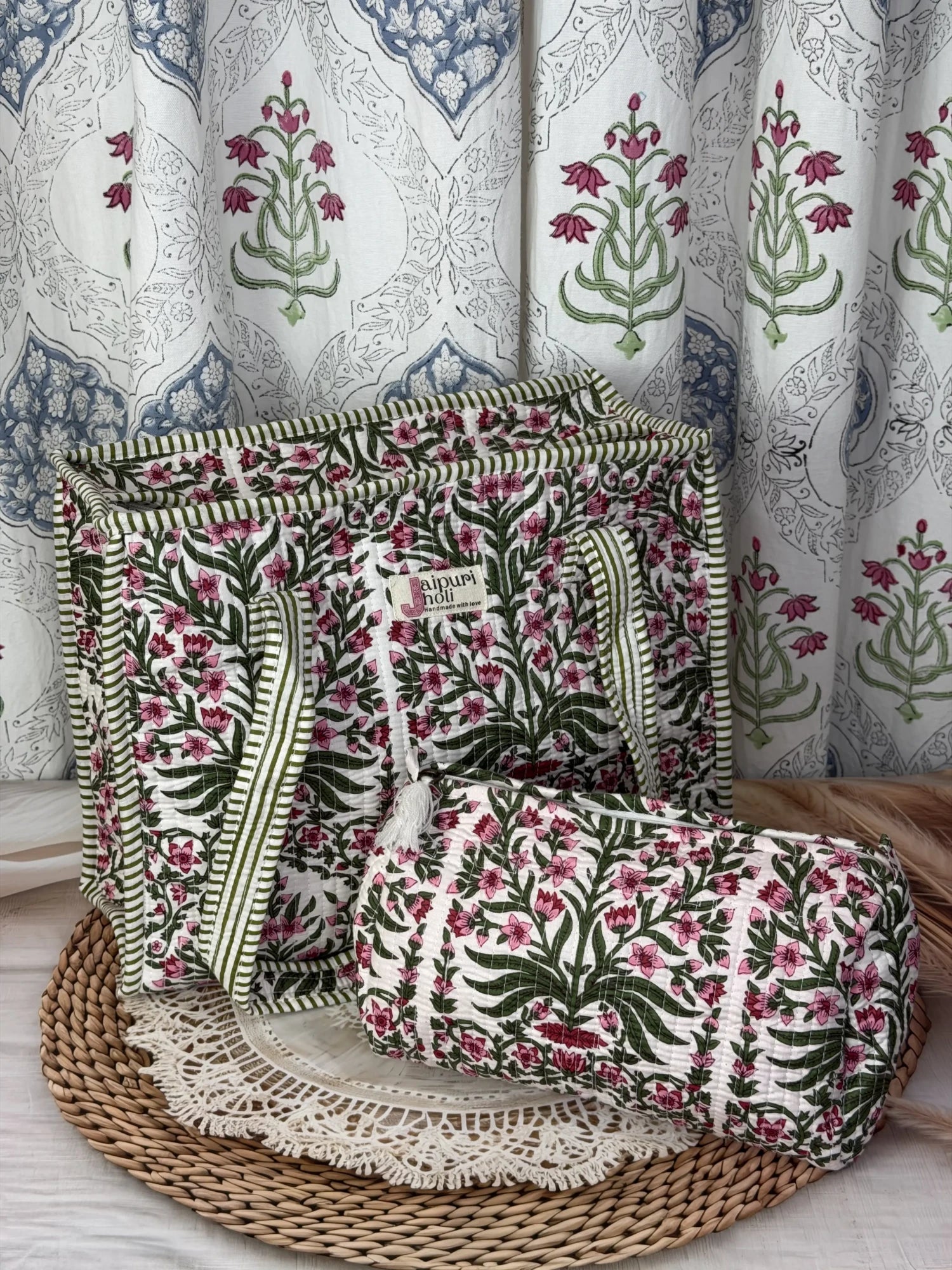 Jaipur block print cotton quilted zip tote bag with matching pouch, pink floral and green leaf print, 15x12x6 inch tote with 10x6 inch pouch for storing toiletries and travel essentials interior view