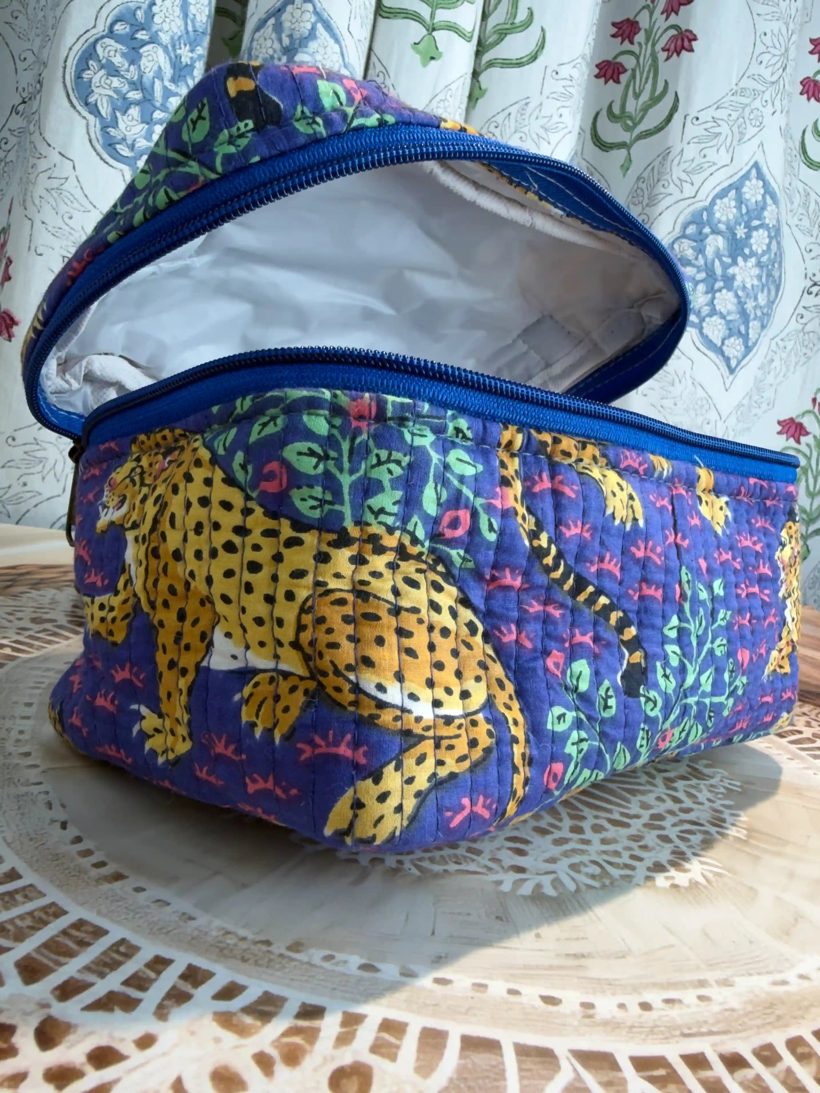 Neela Bagh quilted cotton cosmetic vanity bag with Jaipuri hand block print, lightweight and handcrafted in Jaipur.