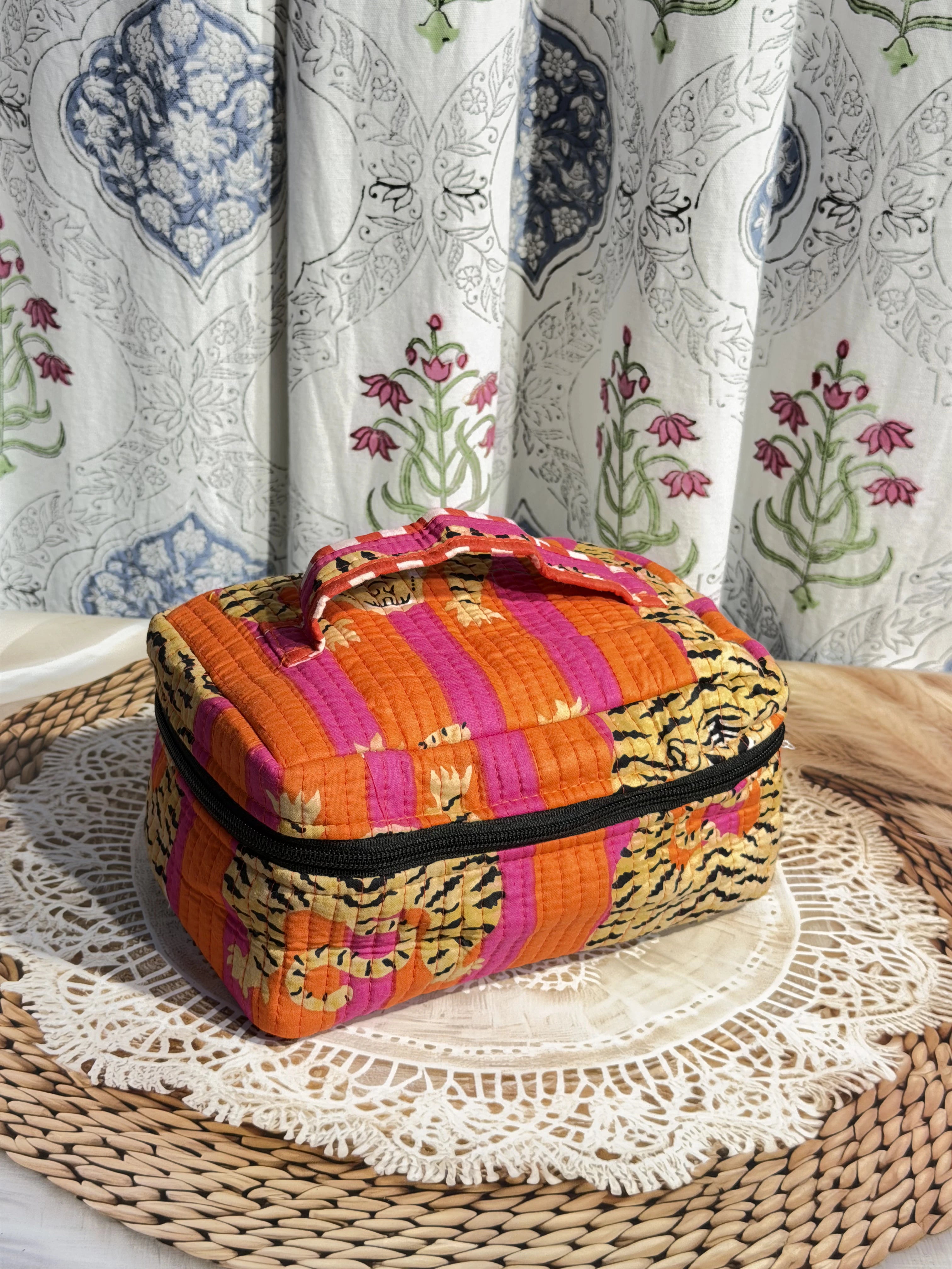 Jaipur Block Print Quilted Travel Makeup Bag for Women - Orange and Pink Tiger Front View