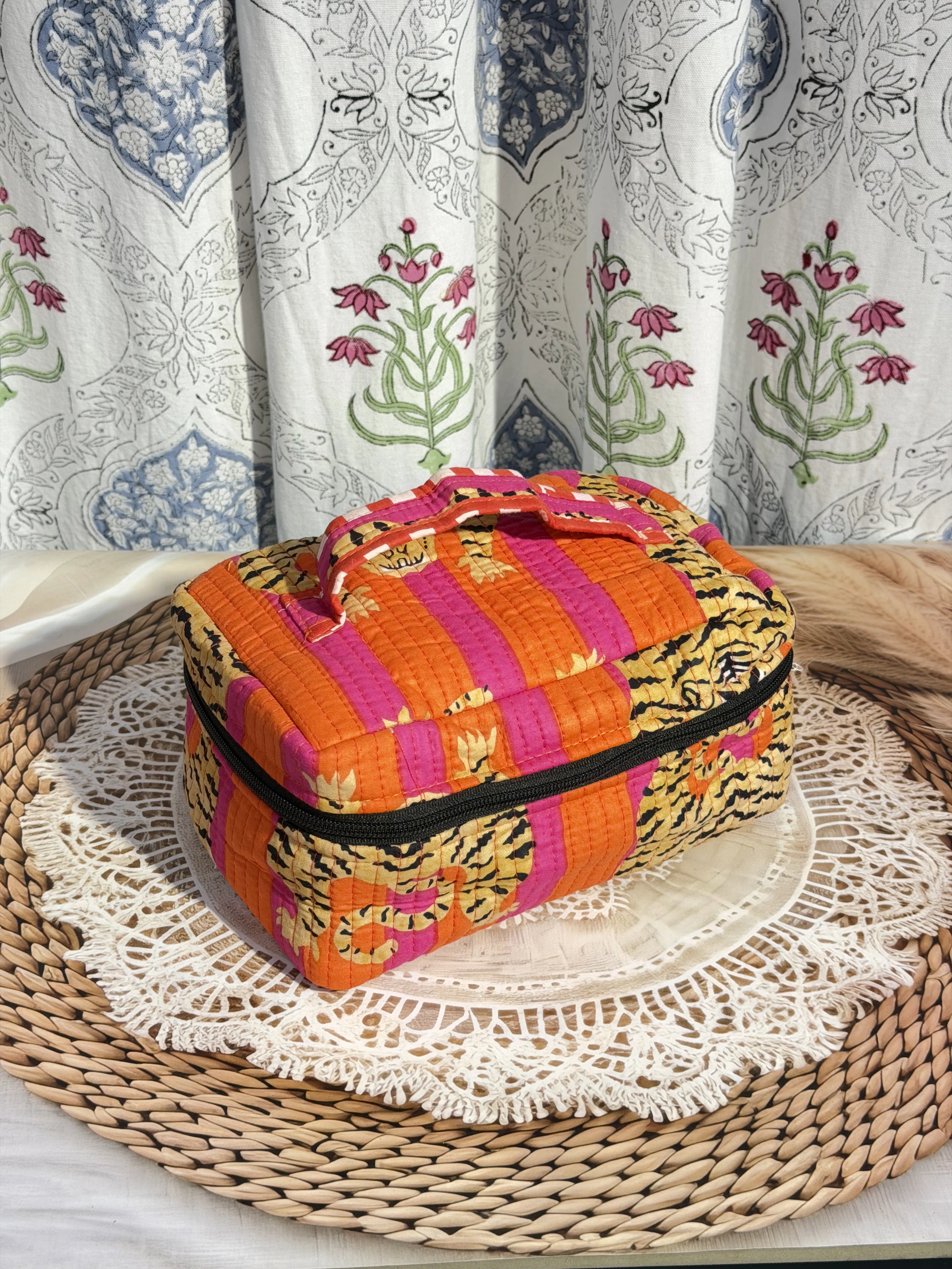 Jaipur Block Print Quilted Travel Makeup Bag for Women - Orange and Pink Tiger Side View