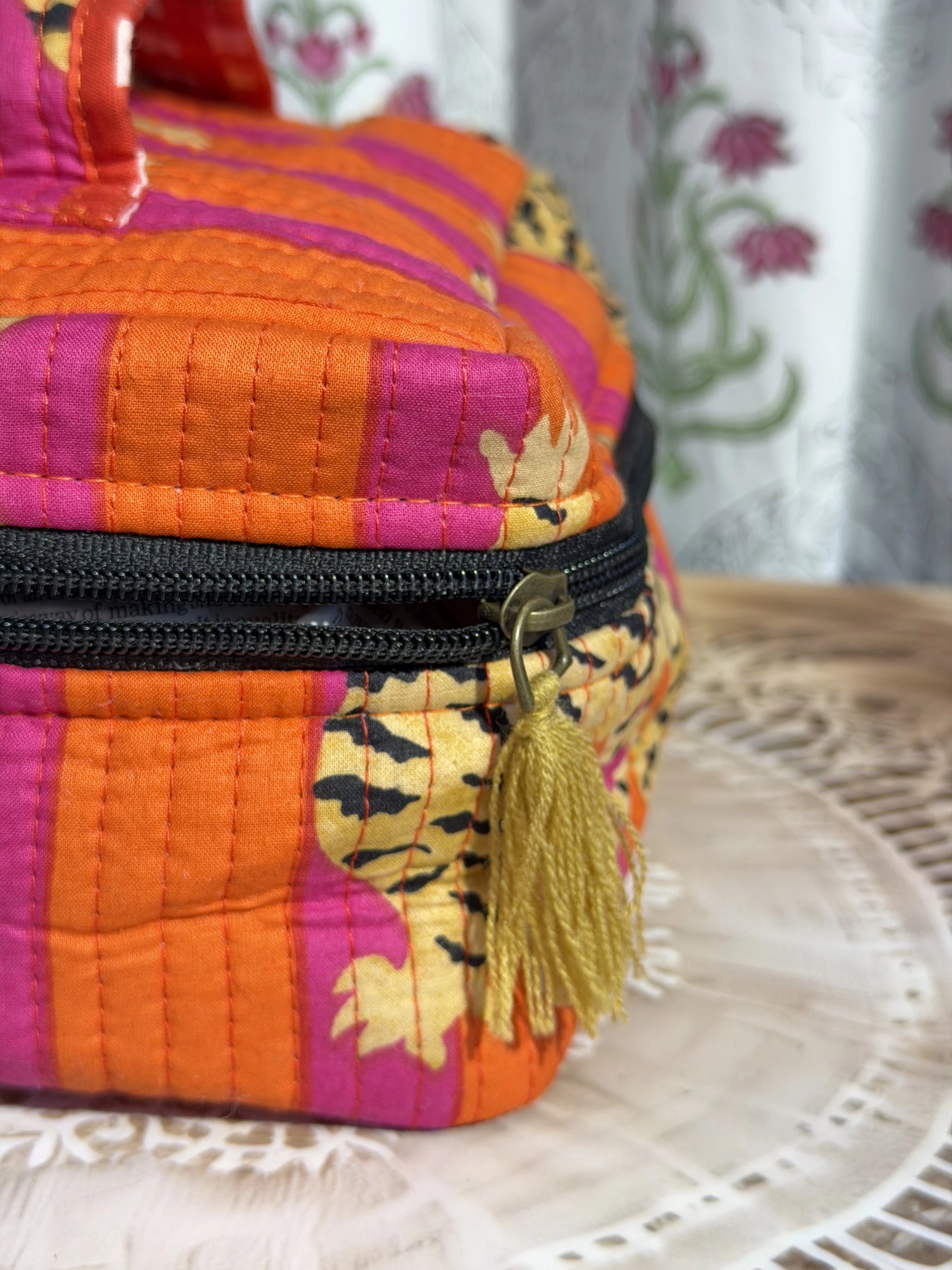 Jaipur Block Print Quilted Travel Makeup Bag for Women - Orange and Pink Tiger Back View