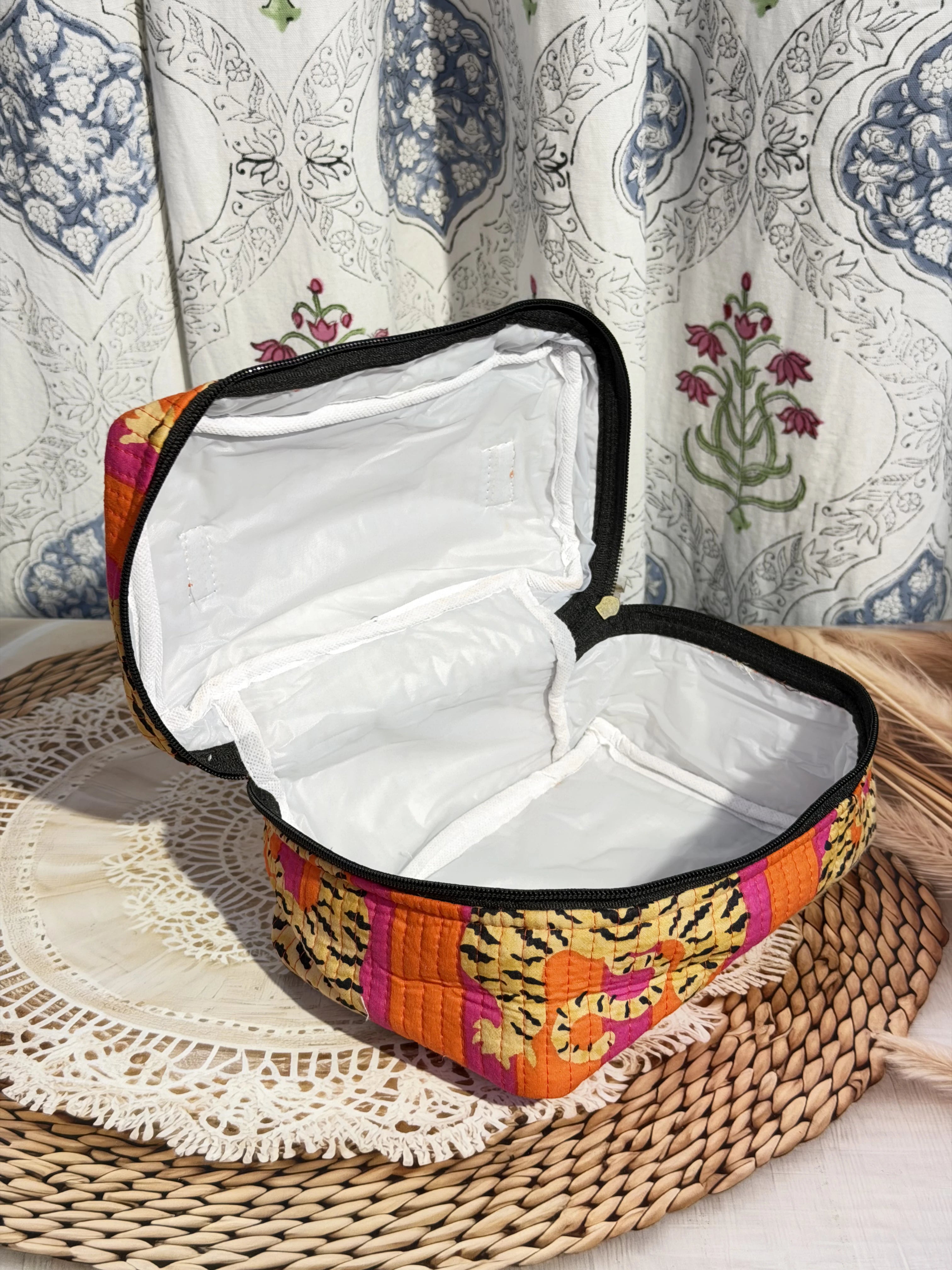 Jaipur Block Print Quilted Travel Makeup Bag for Women - Orange and Pink Tiger Interior View