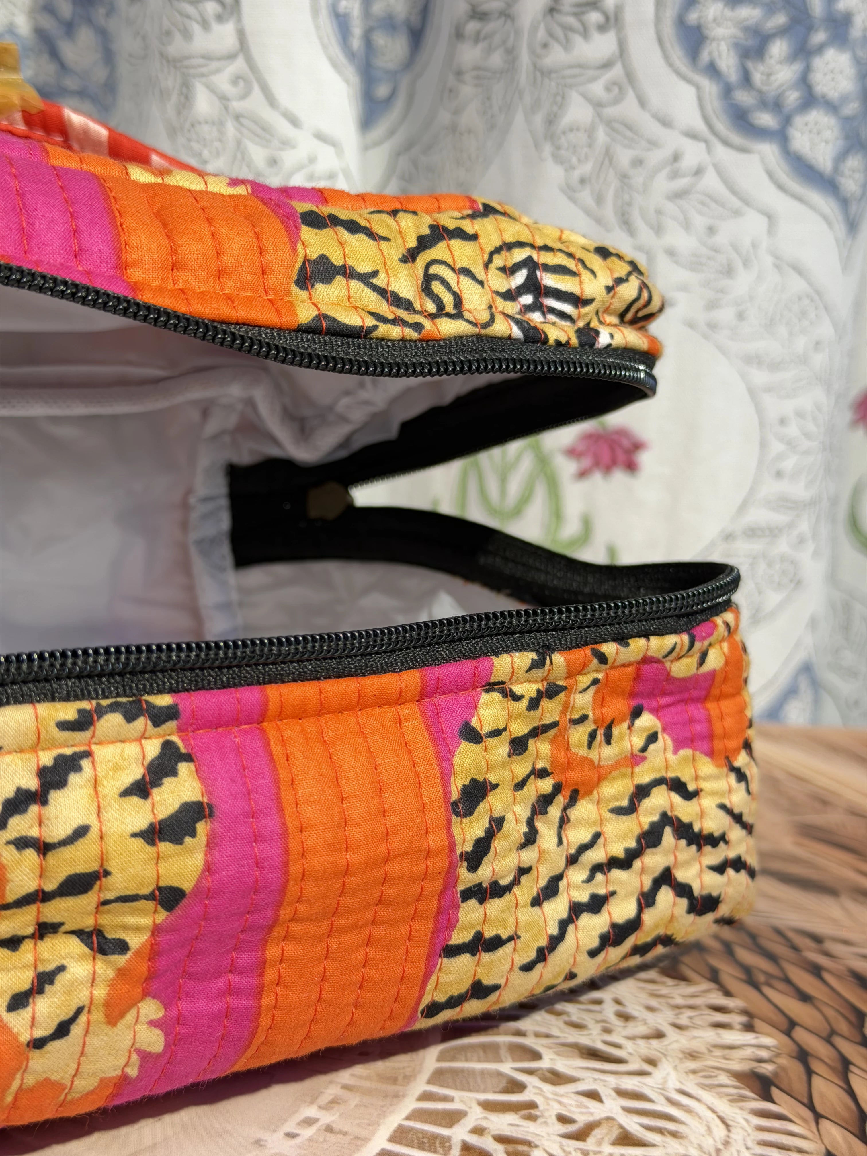 Jaipur Block Print Quilted Travel Makeup Bag for Women - Orange and Pink Tiger Close-Up View