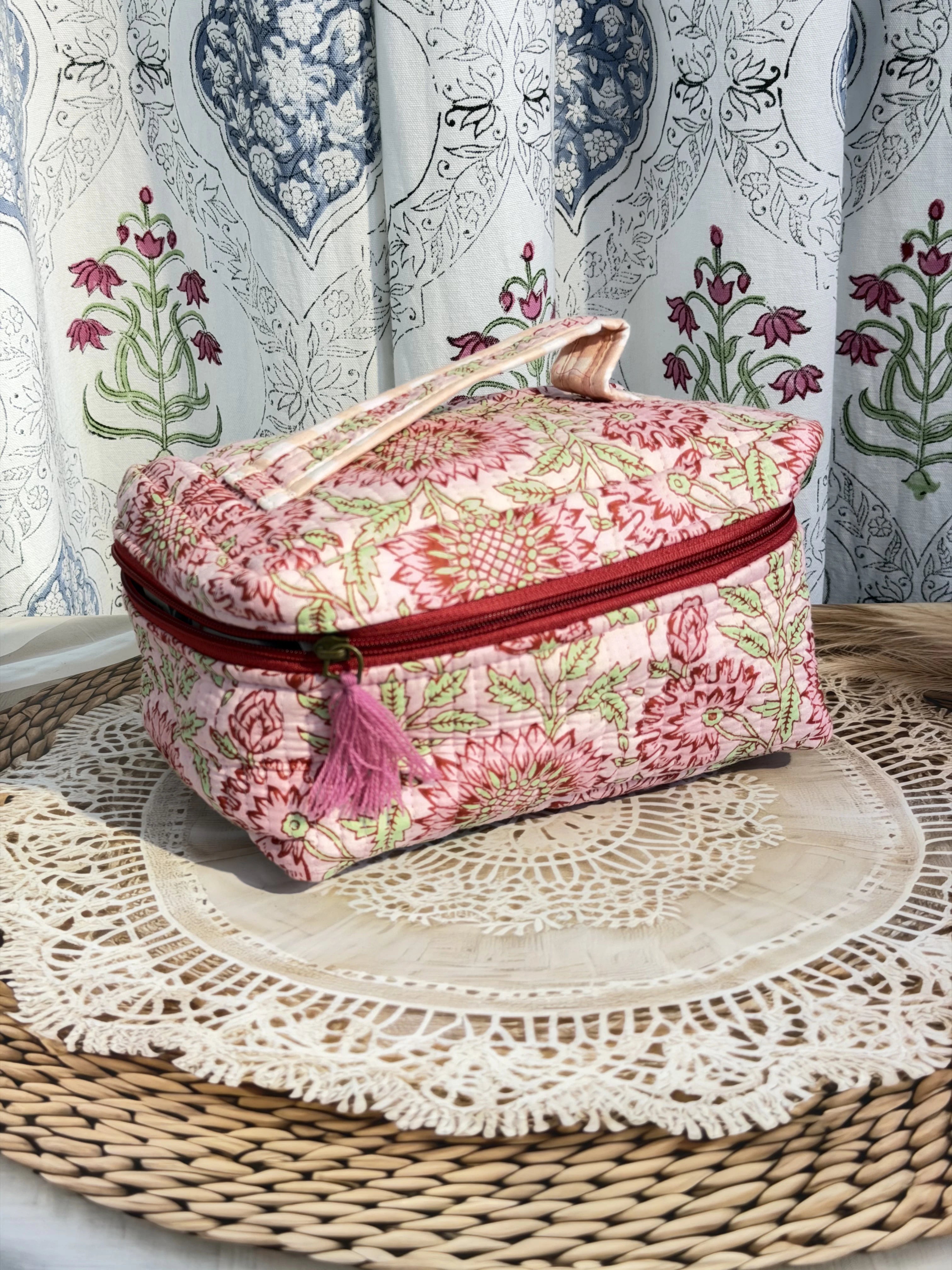 Jaipur Block Print Quilted Travel Makeup Bag for Women - Peach and Pink Floral Front View