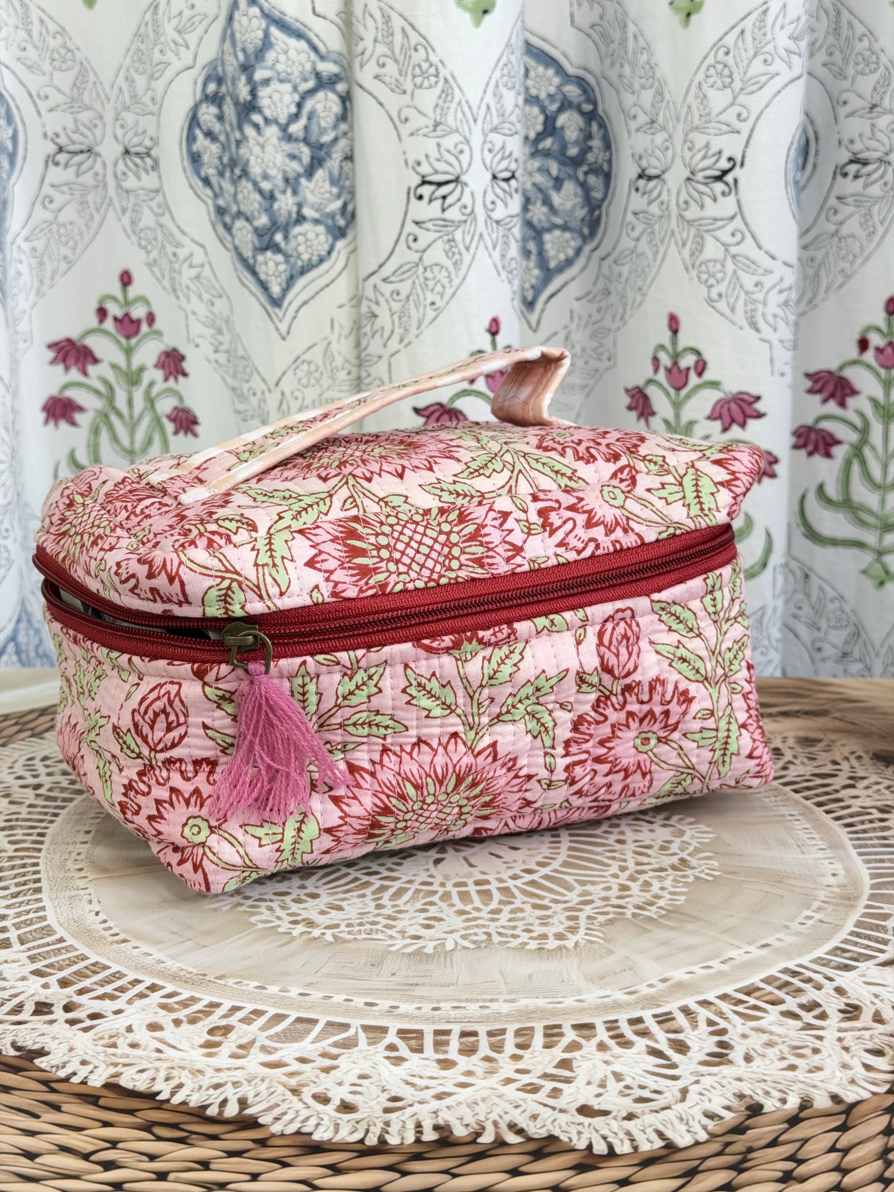 Jaipur Block Print Quilted Travel Makeup Bag for Women - Peach and Pink Floral Side View