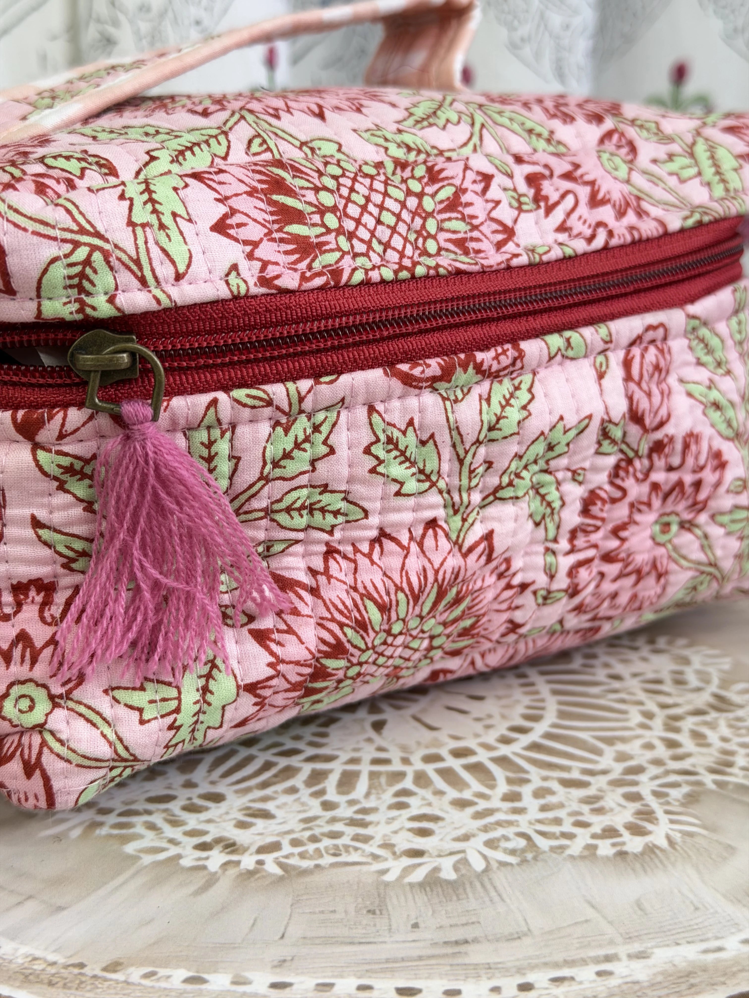 Jaipur Block Print Quilted Travel Makeup Bag for Women - Peach and Pink Floral Back View