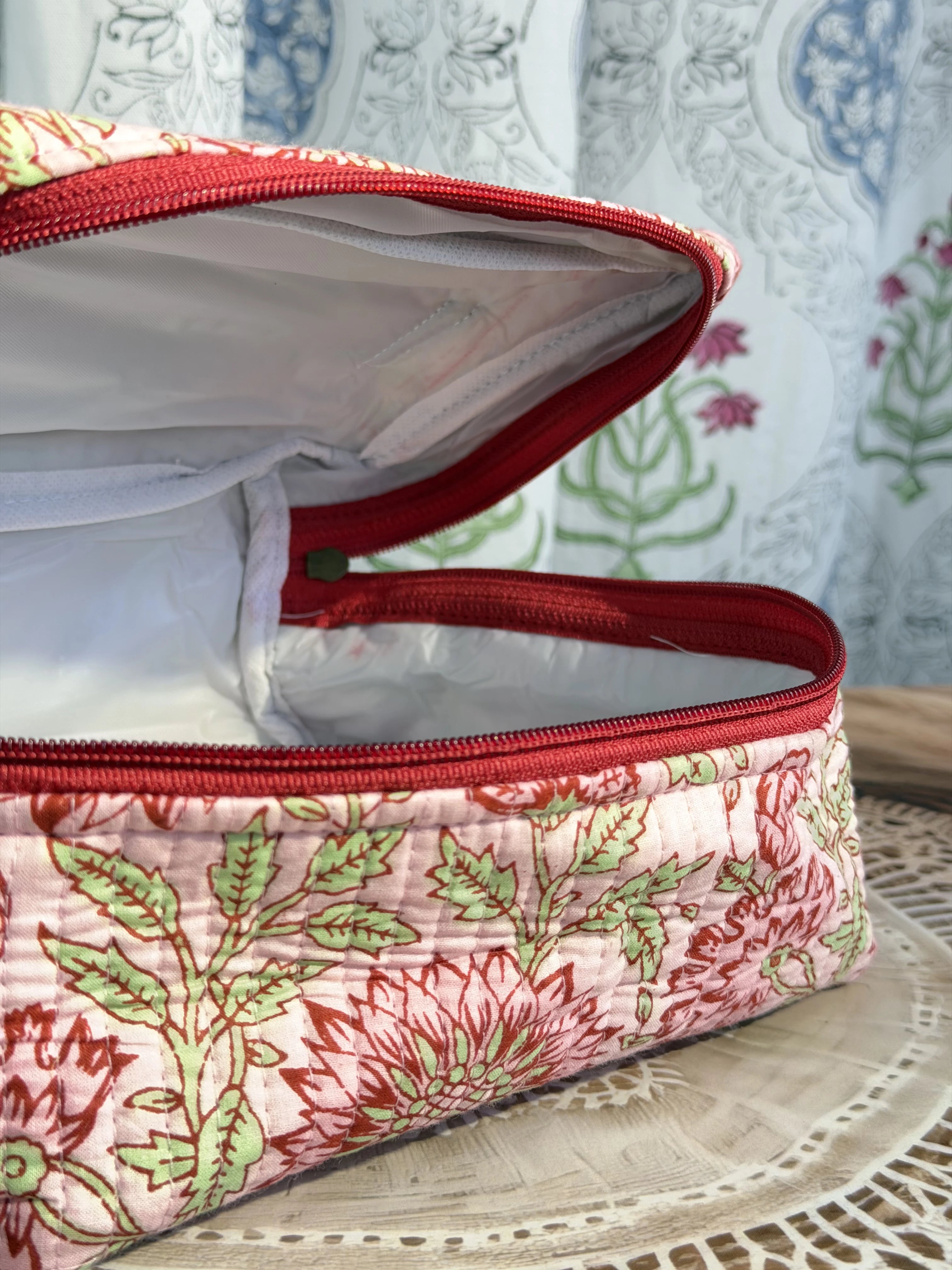 Jaipur Block Print Quilted Travel Makeup Bag for Women - Peach and Pink Floral Interior View