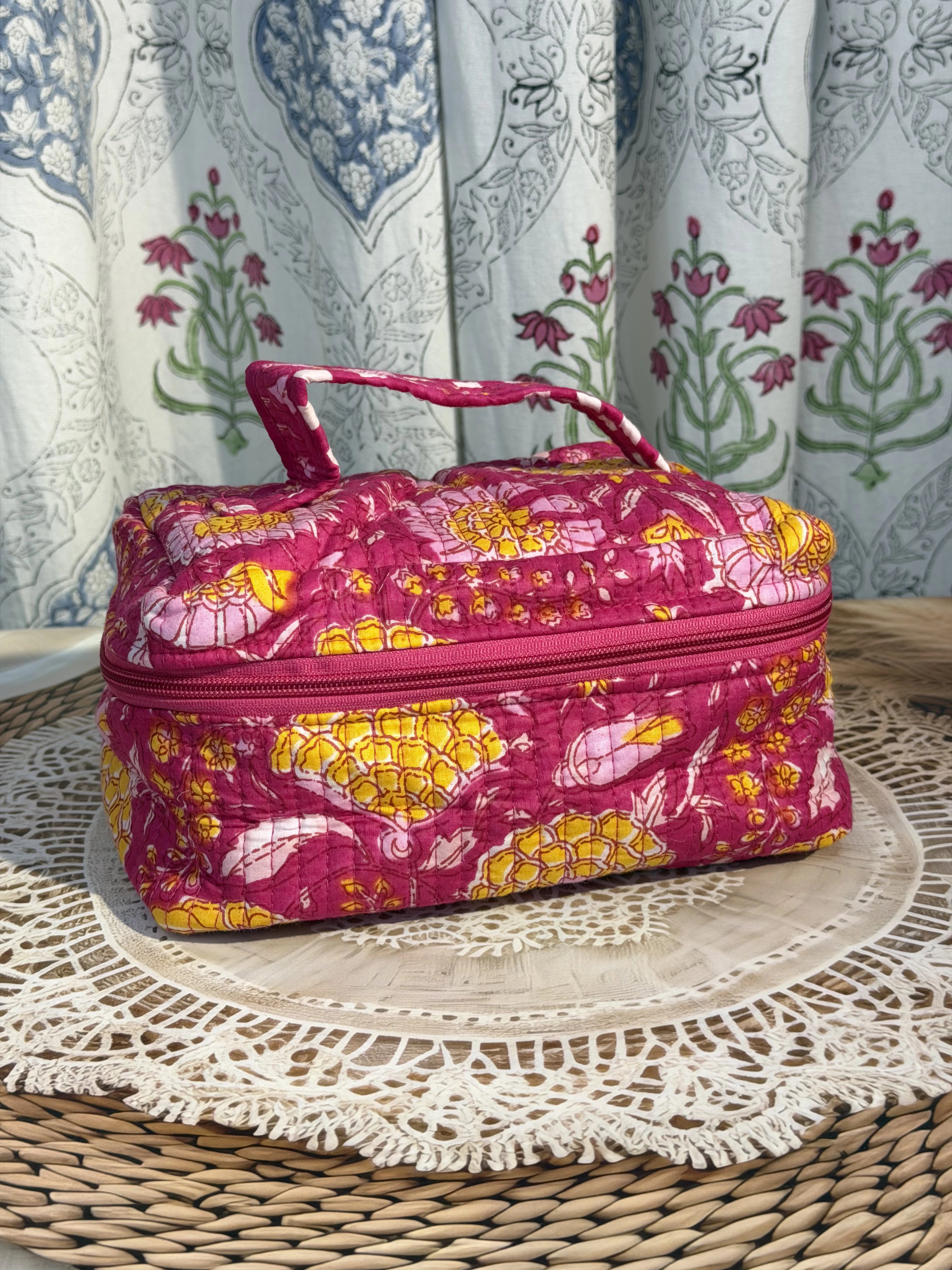 Jaipur Block Print Quilted Travel Makeup Bag for Women - Pink Floral Front View