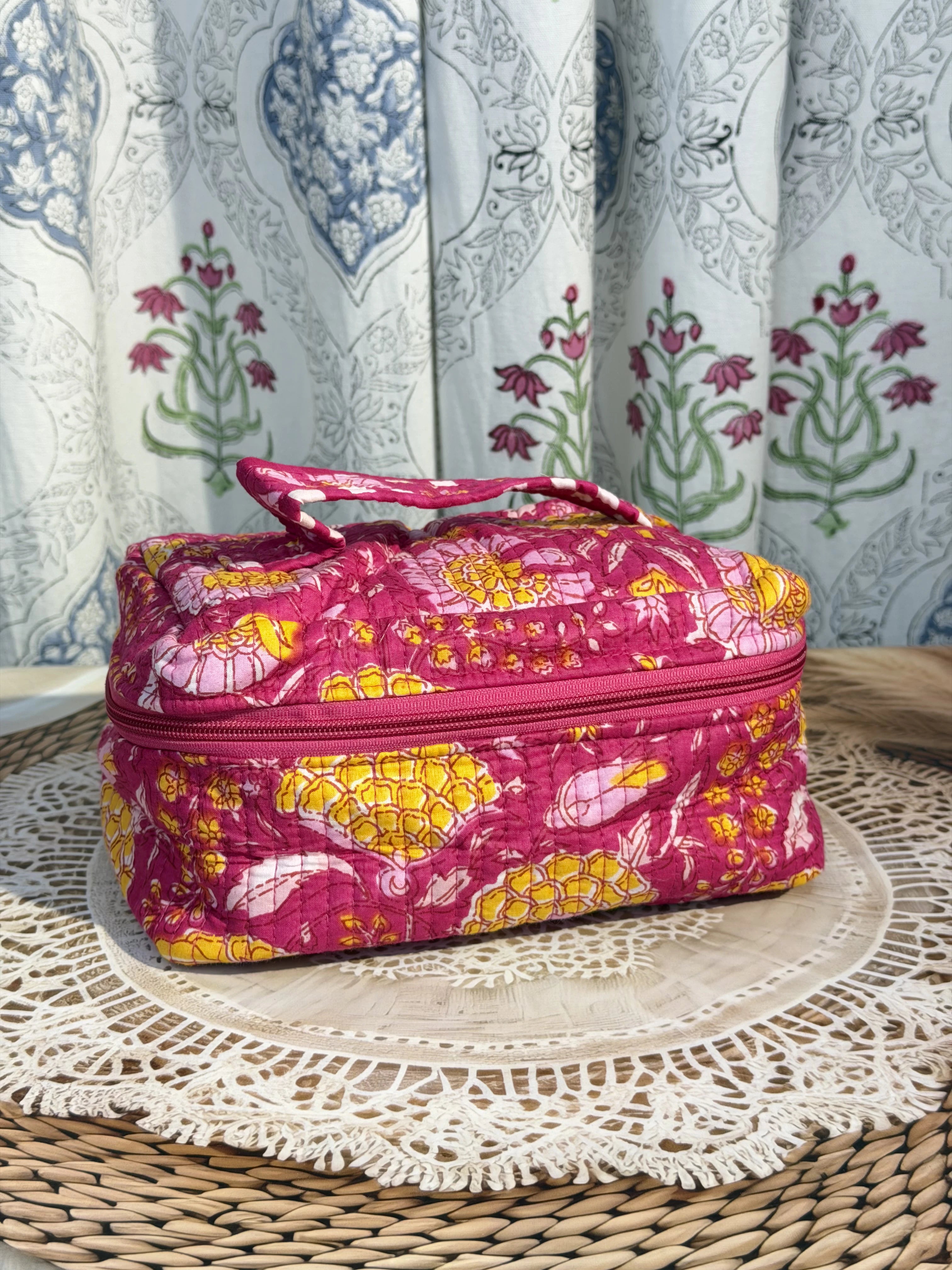 Jaipur Block Print Quilted Travel Makeup Bag for Women - Pink Floral Side View