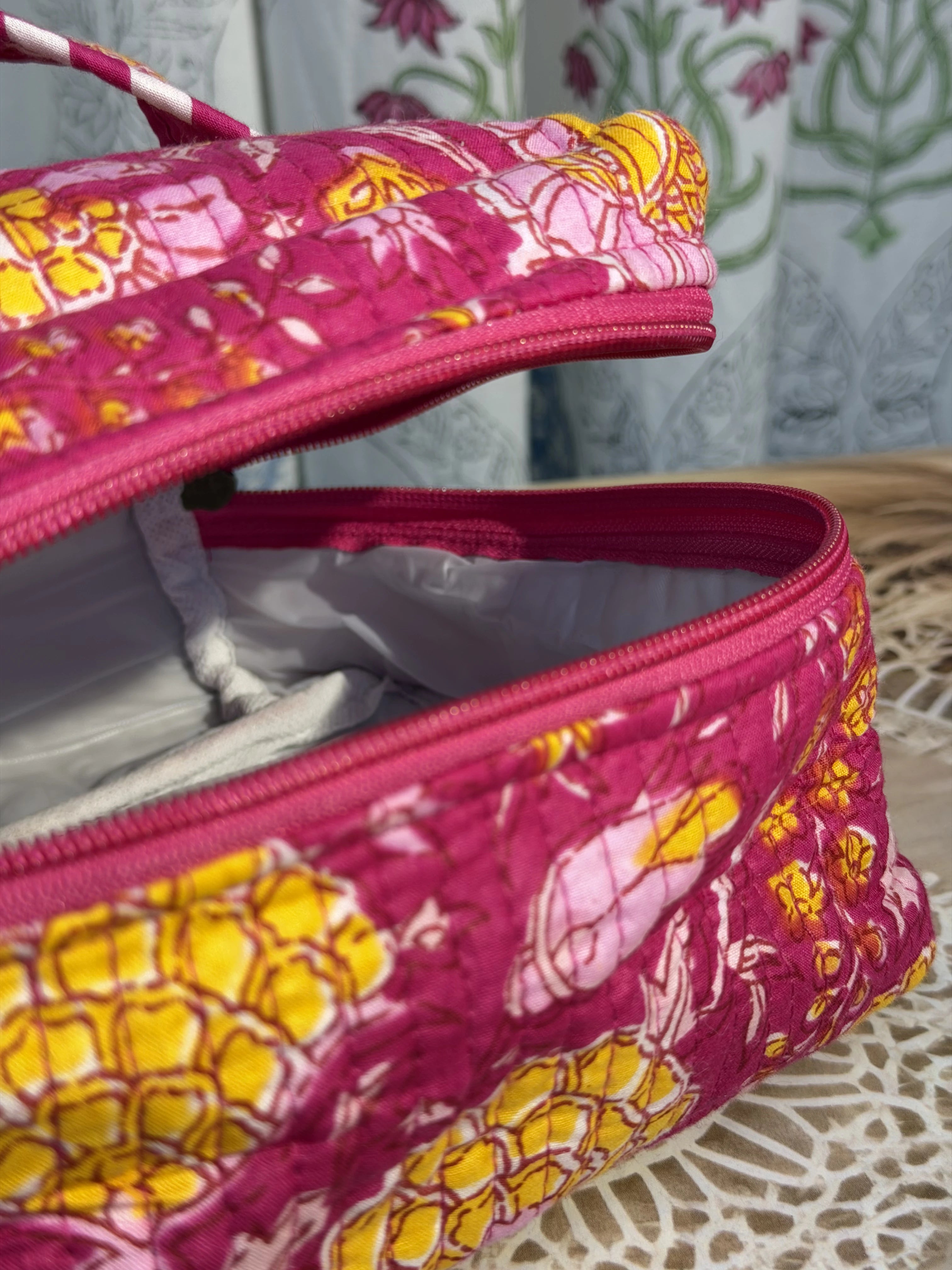 Jaipur Block Print Quilted Travel Makeup Bag for Women - Pink Floral Interior View