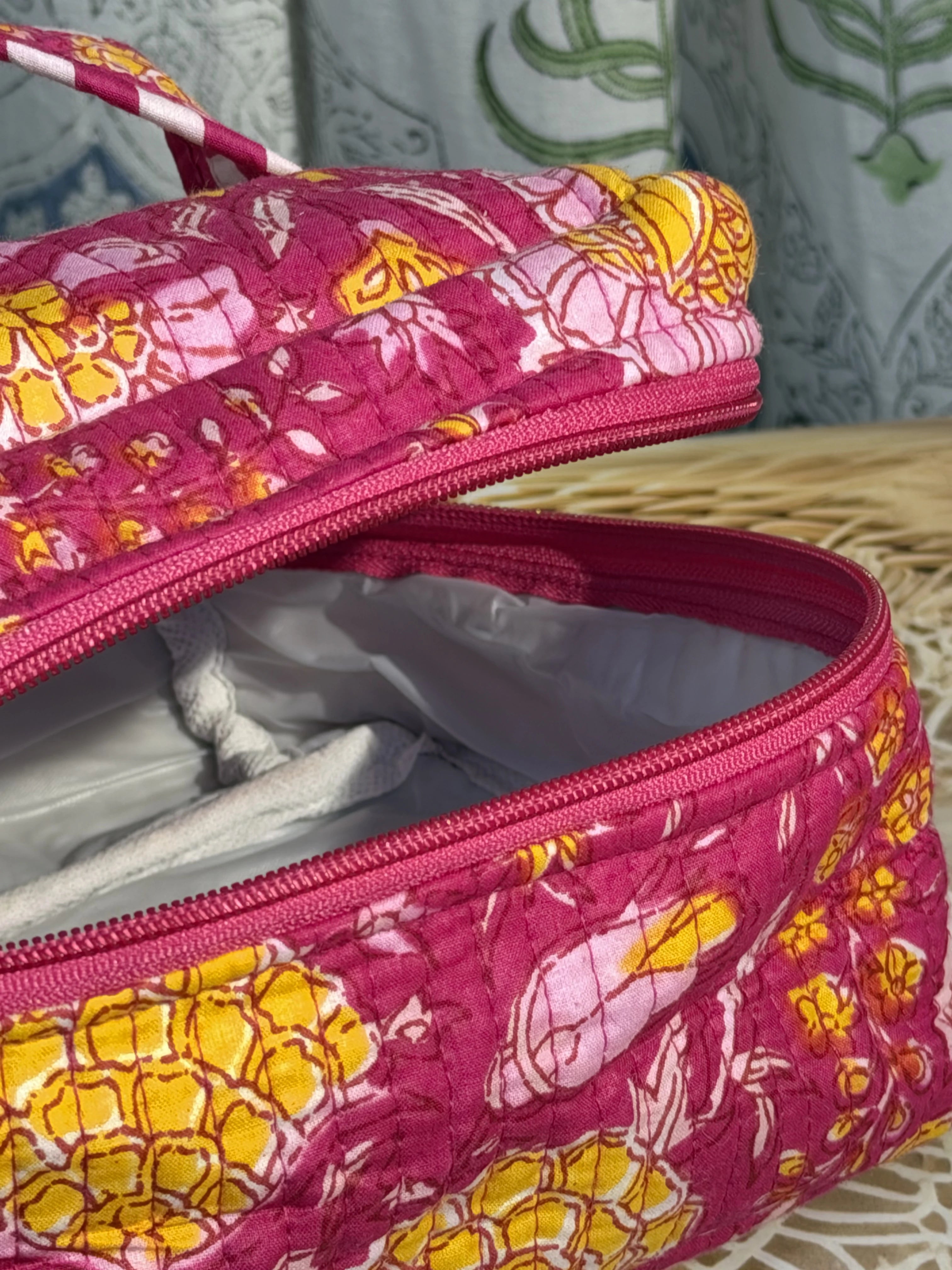 Jaipur Block Print Quilted Travel Makeup Bag for Women - Pink Floral Close-Up View