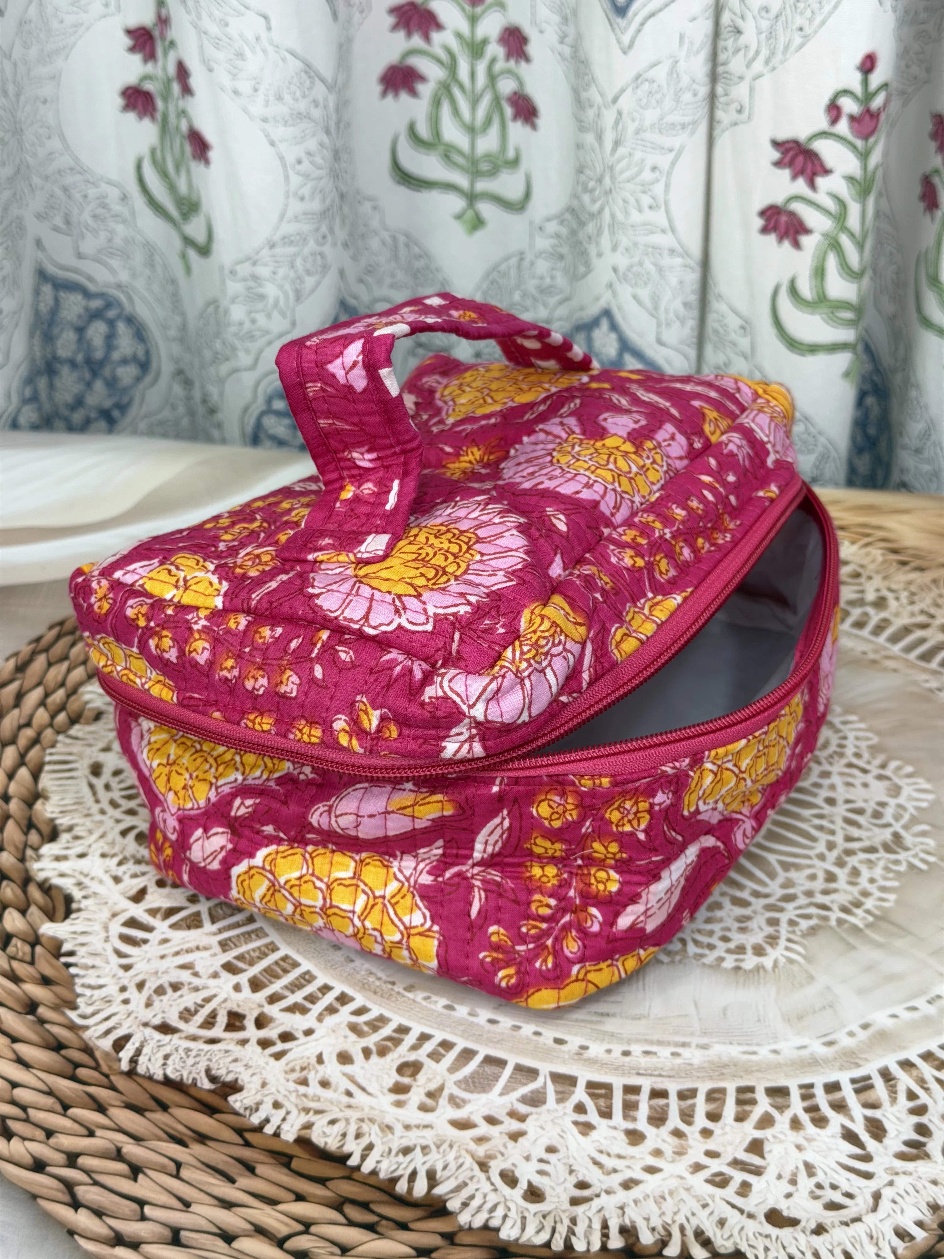 Jaipur Block Print Quilted Travel Makeup Bag for Women - Pink Floral Back View