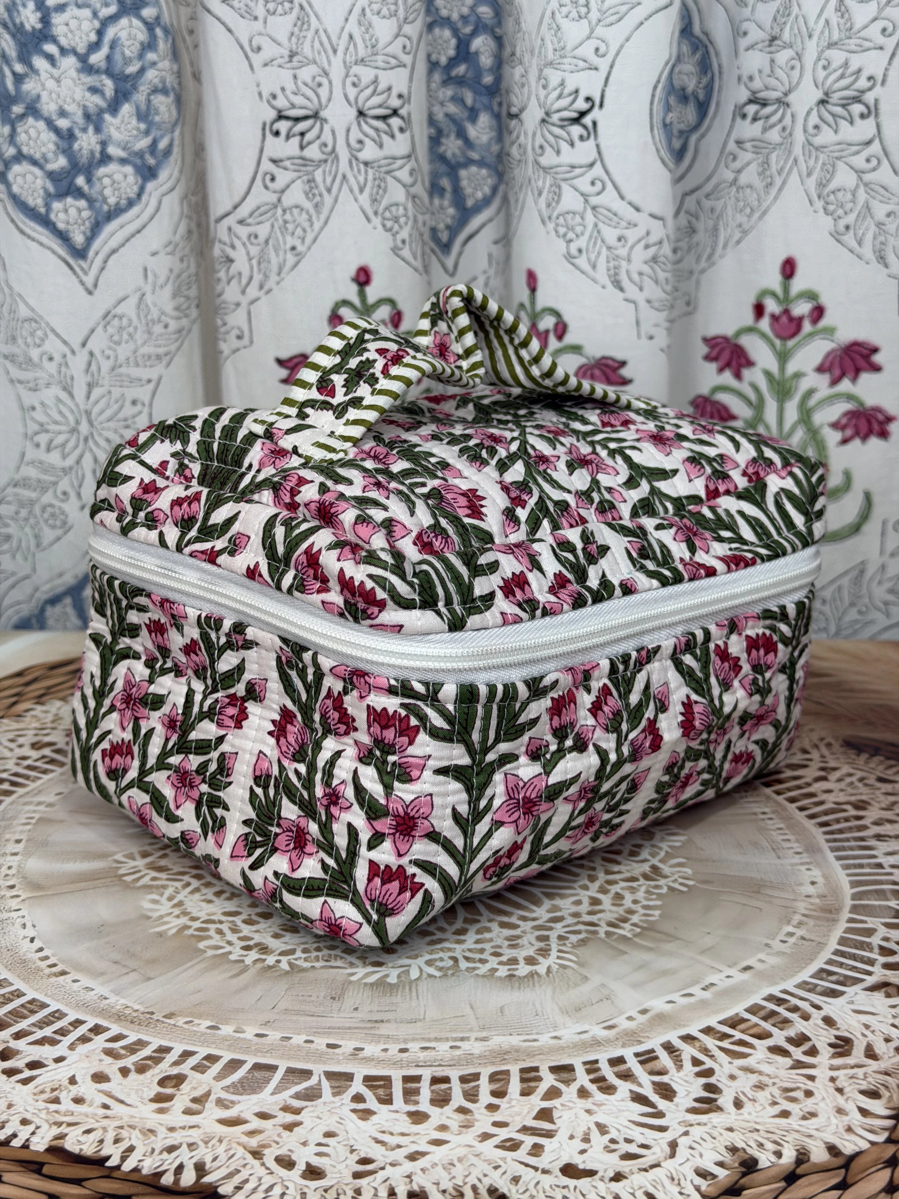 Jaipur Block Print Quilted Travel Makeup Bag for Women - Pink Floral and Green Leaves Front View