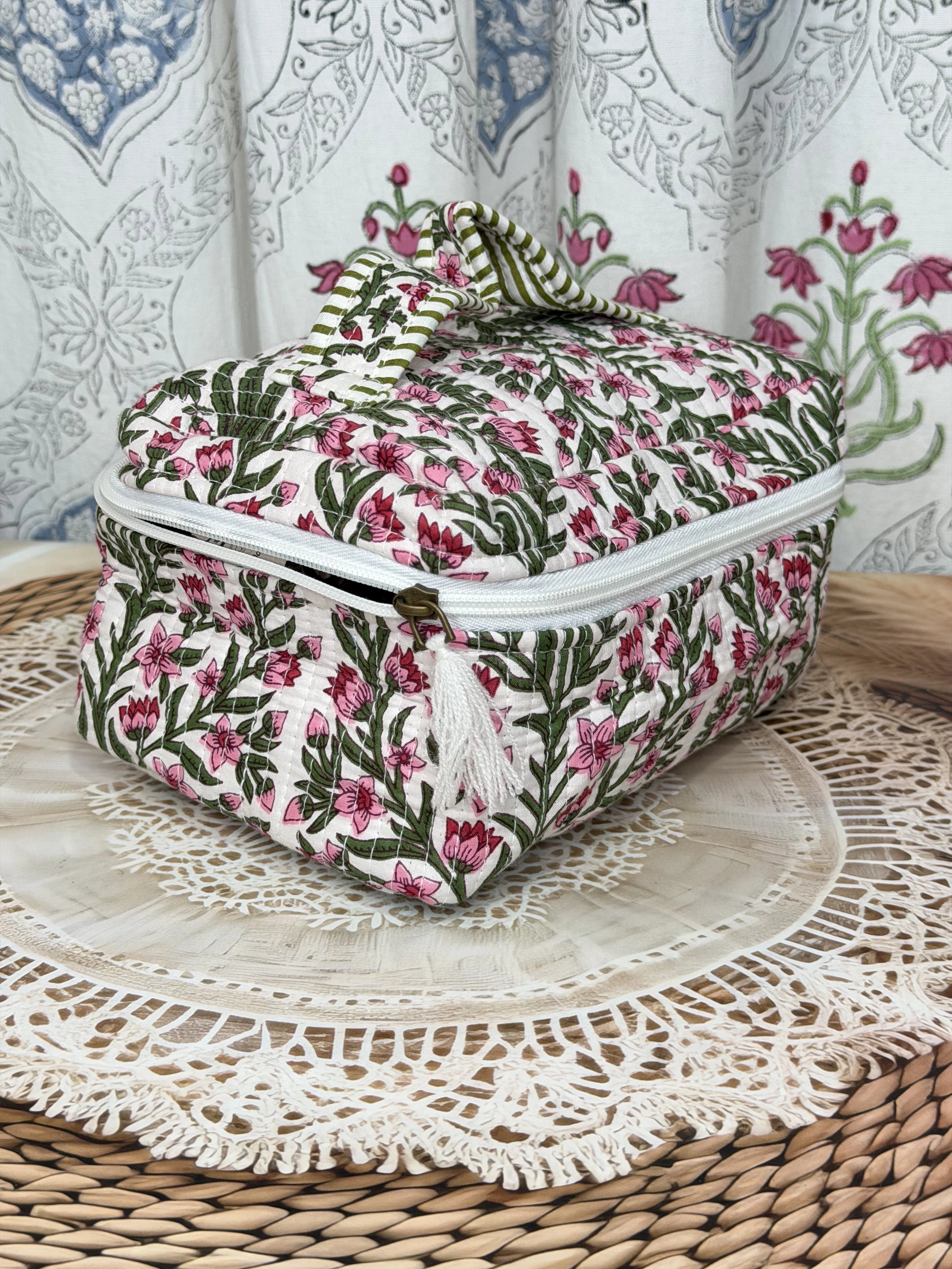 Jaipur Block Print Quilted Travel Makeup Bag for Women - Pink Floral and Green Leaves Side View