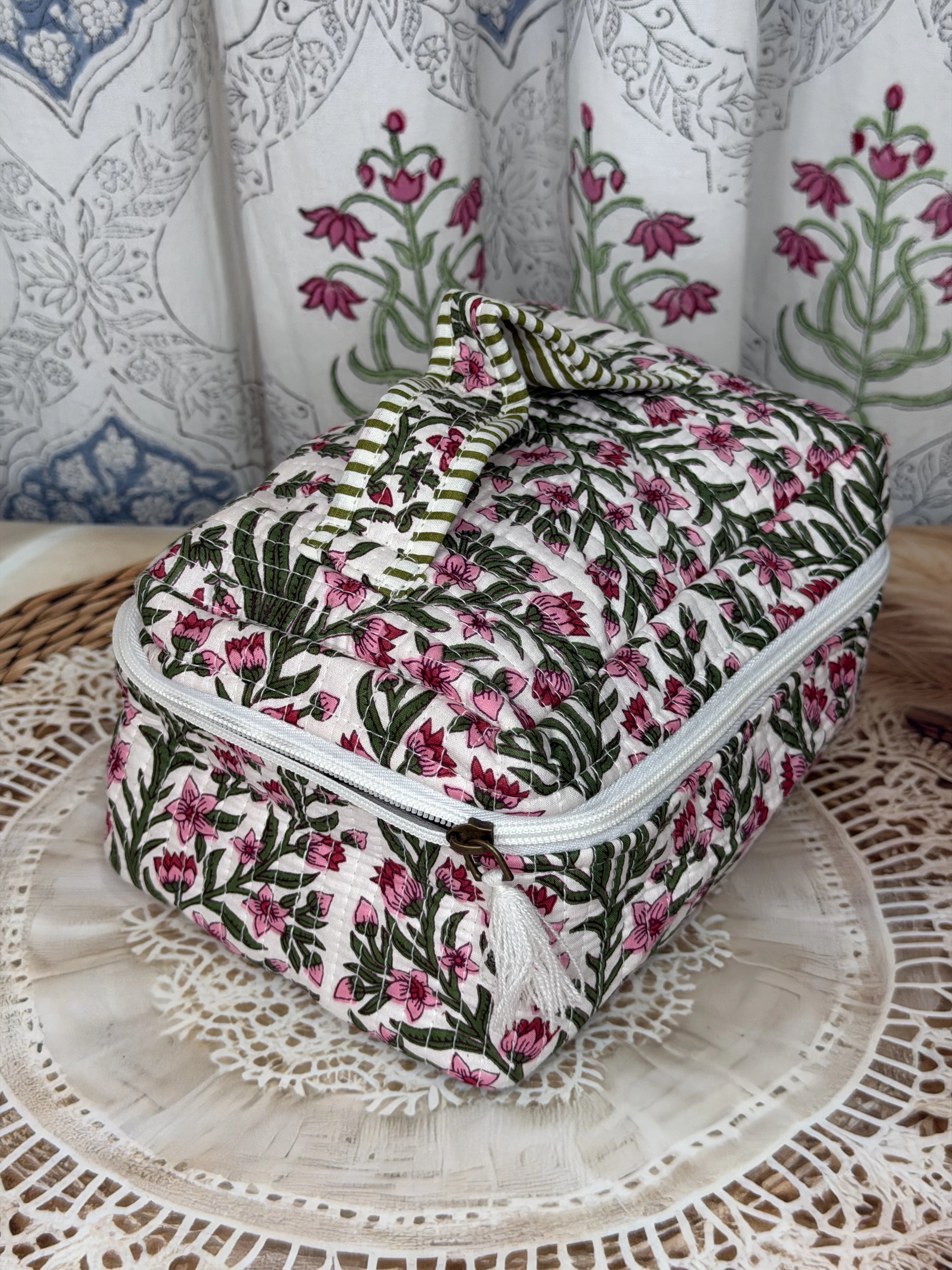 Jaipur Block Print Quilted Travel Makeup Bag for Women - Pink Floral and Green Leaves Back View