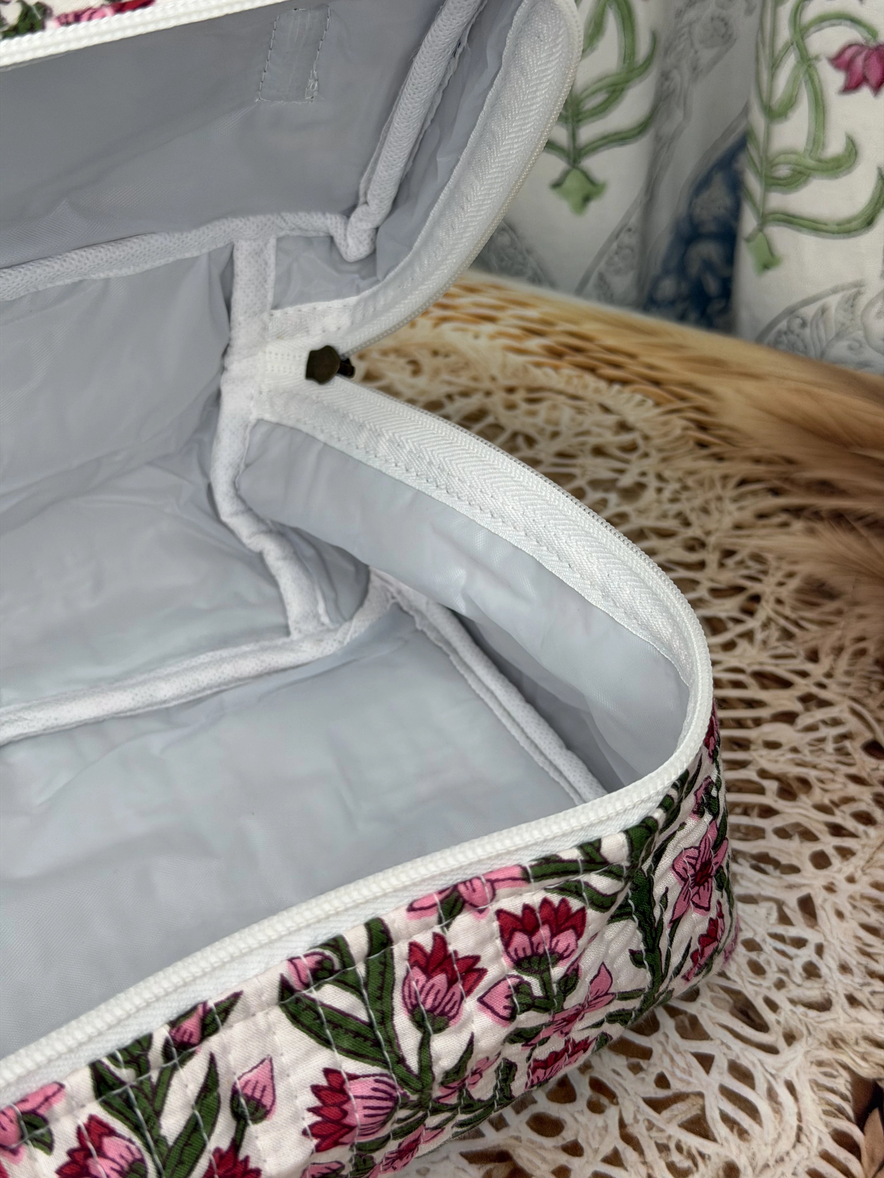 Jaipur Block Print Quilted Travel Makeup Bag for Women - Pink Floral and Green Leaves Interior View