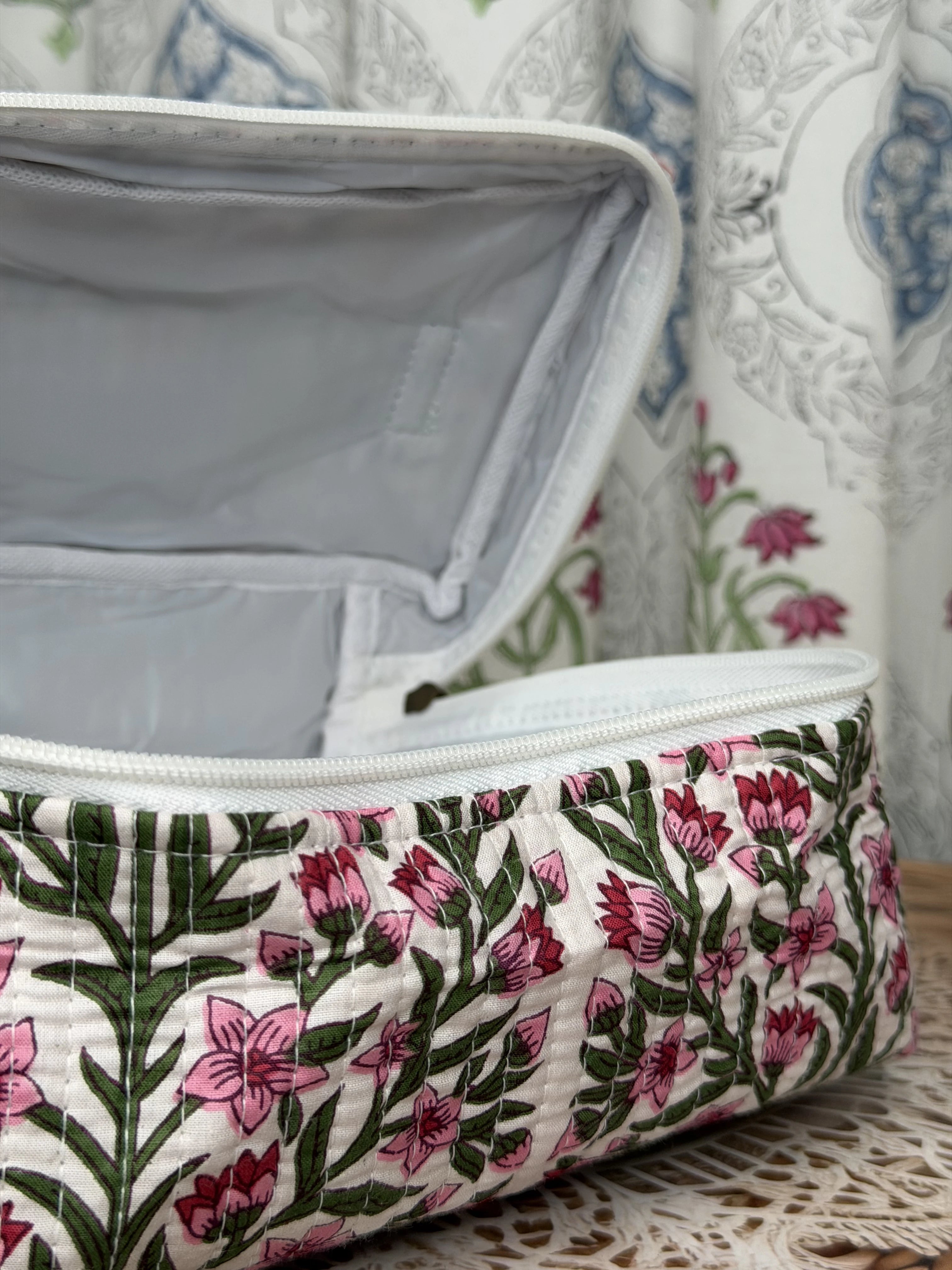 Jaipur Block Print Quilted Travel Makeup Bag for Women - Pink Floral and Green Leaves Close-Up View
