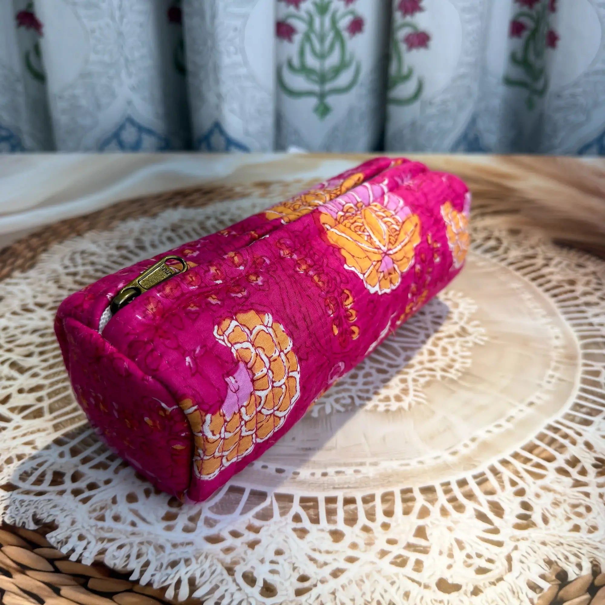 Quilted cotton pencil pouch with pink background and pink orange floral Jaipuri hand block print, zip closure, handcrafted pen pouch for school and office stationery