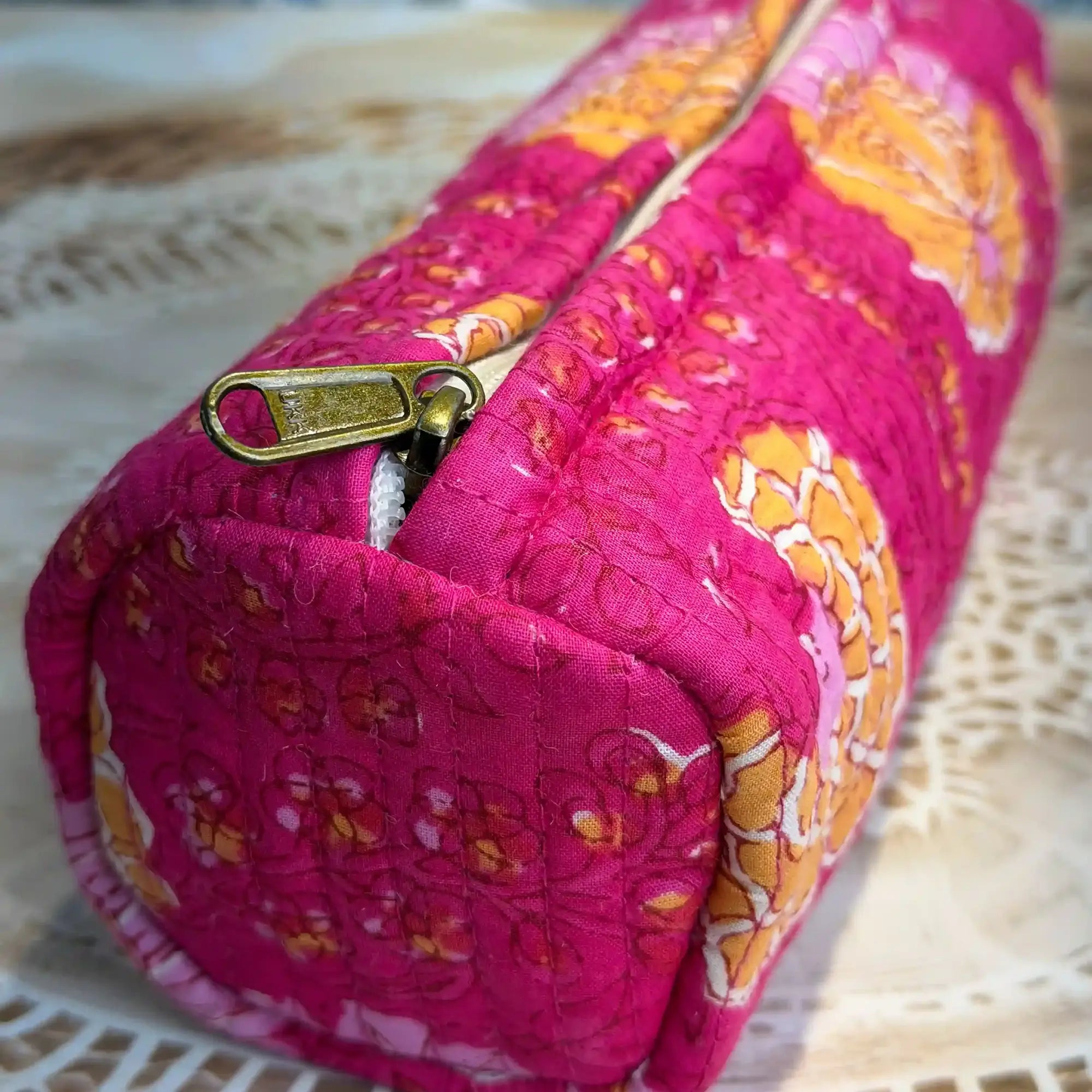 Quilted cotton pencil pouch with pink background and pink orange floral Jaipuri hand block print, zip closure, handcrafted pen pouch for school and office stationery