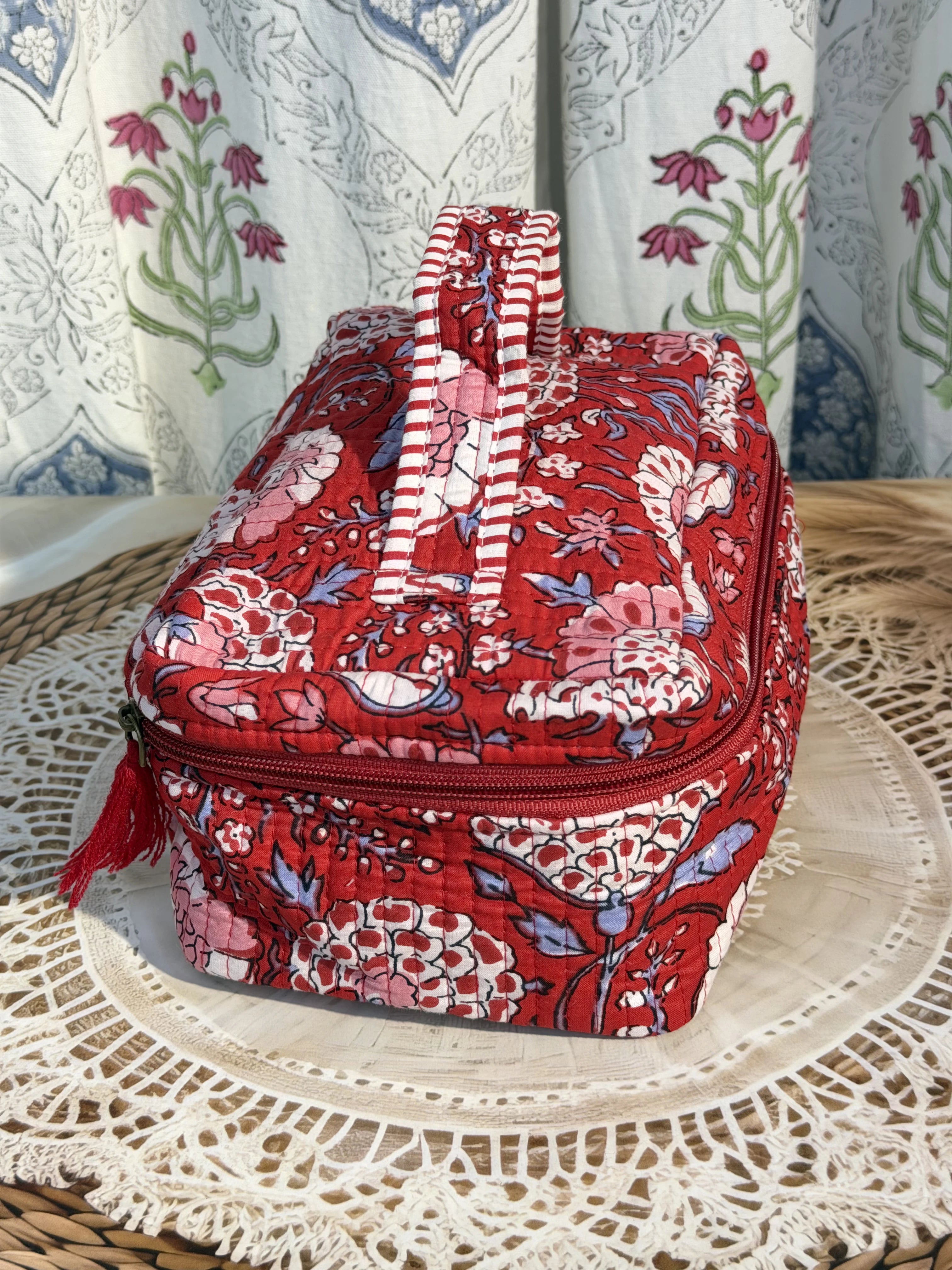 Jaipur Block Print Quilted Travel Makeup Bag for Women - Red Floral Front View