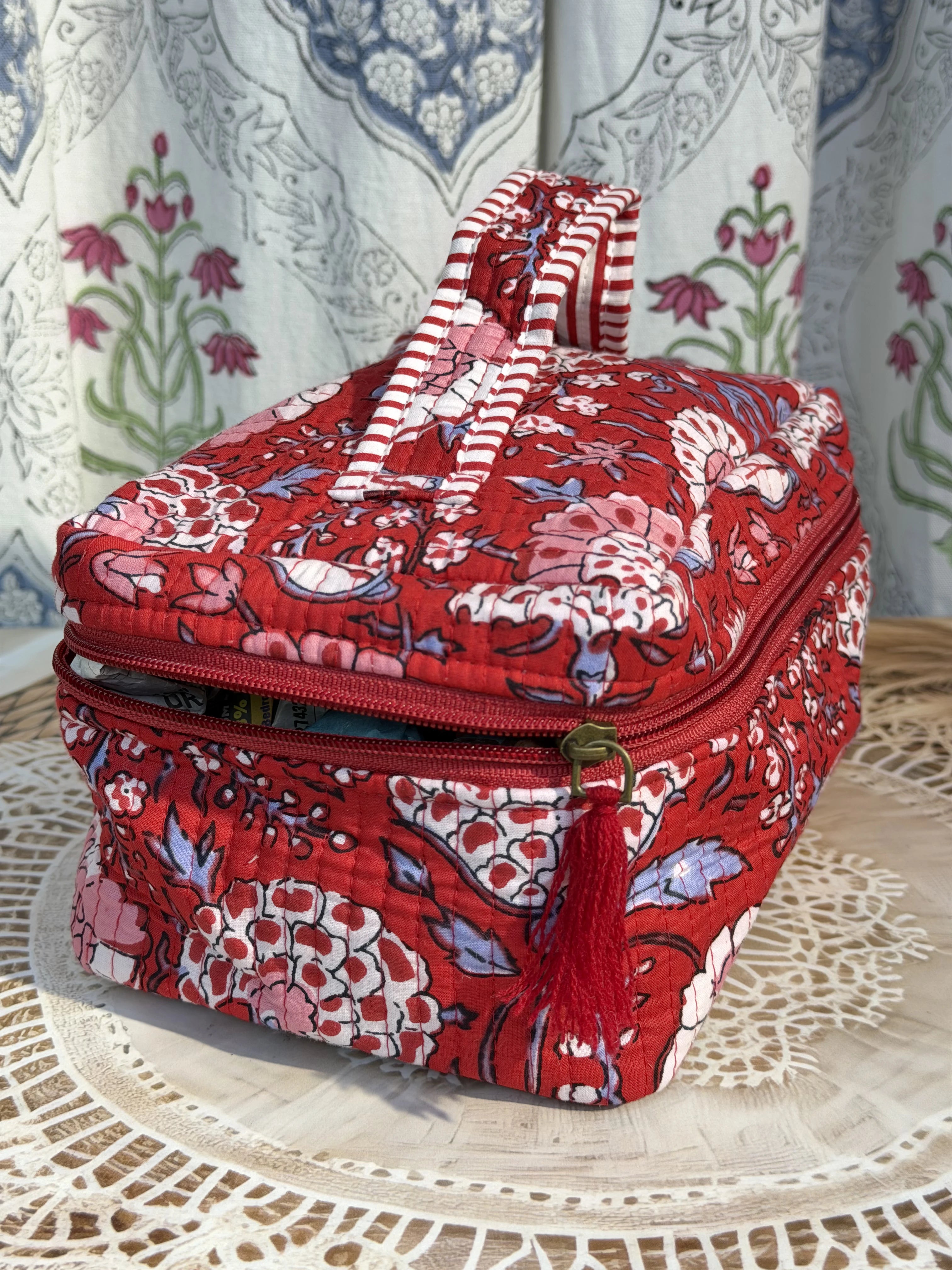 Jaipur Block Print Quilted Travel Makeup Bag for Women - Red Floral Side View