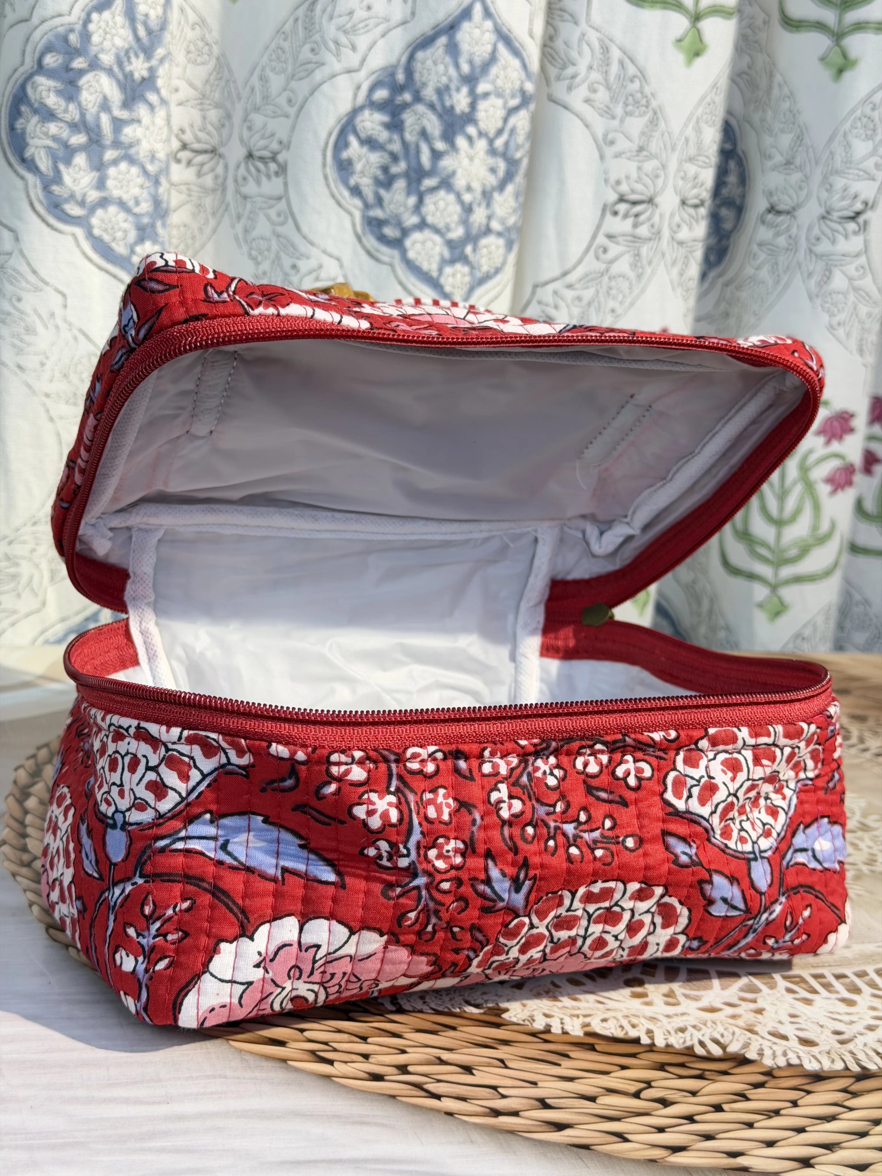 Jaipur Block Print Quilted Travel Makeup Bag for Women - Red Floral Interior View