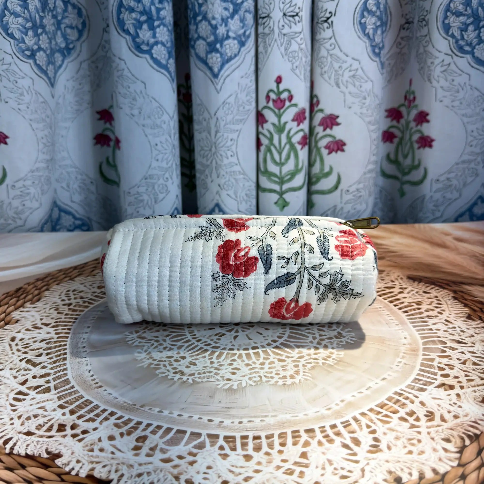 Quilted cotton white pencil pouch with red and floral Jaipuri hand block print, zip closure, handmade pen case for school and office stationery.