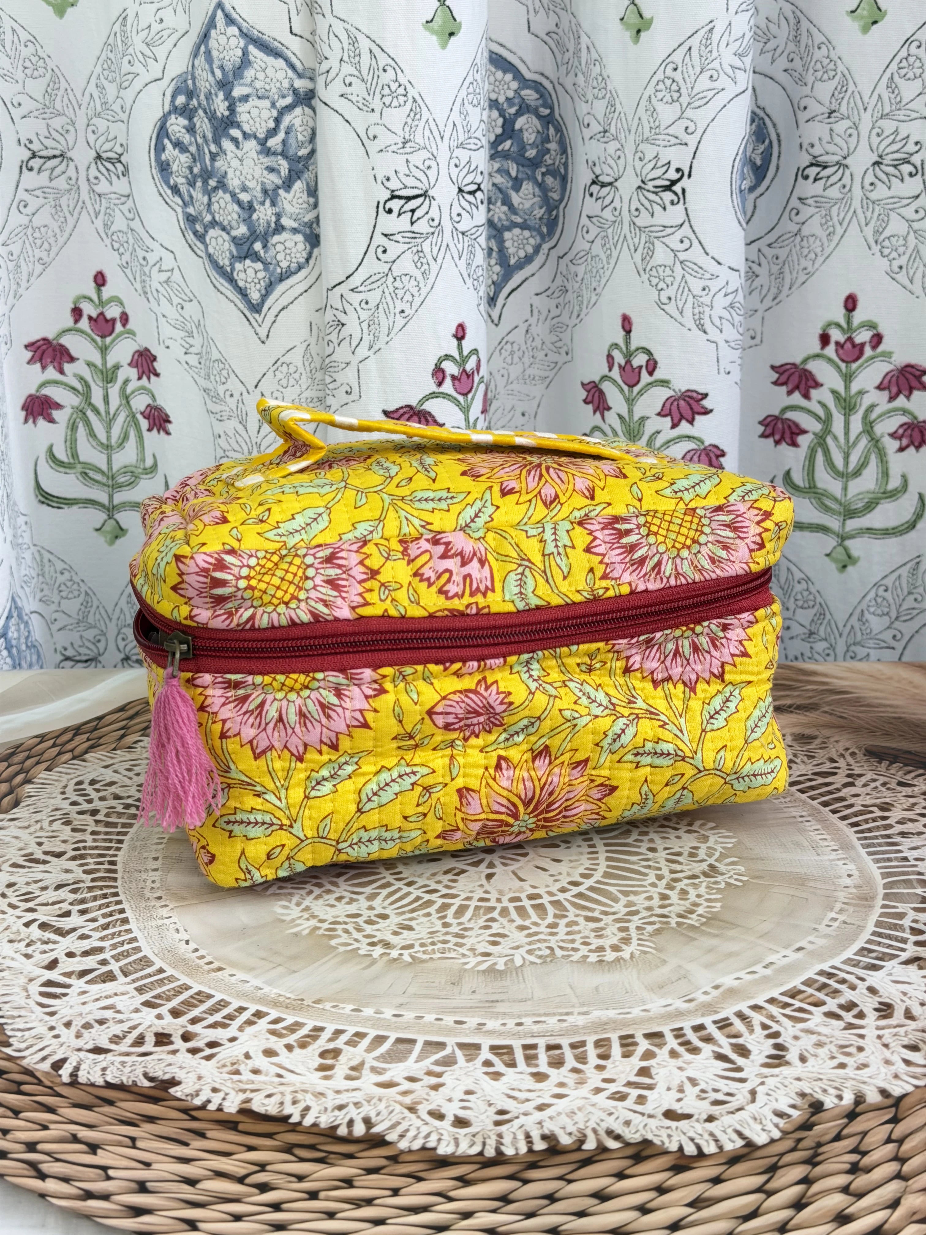 Jaipur Block Print Quilted Travel Makeup Bag for Women - Yellow Floral Front View