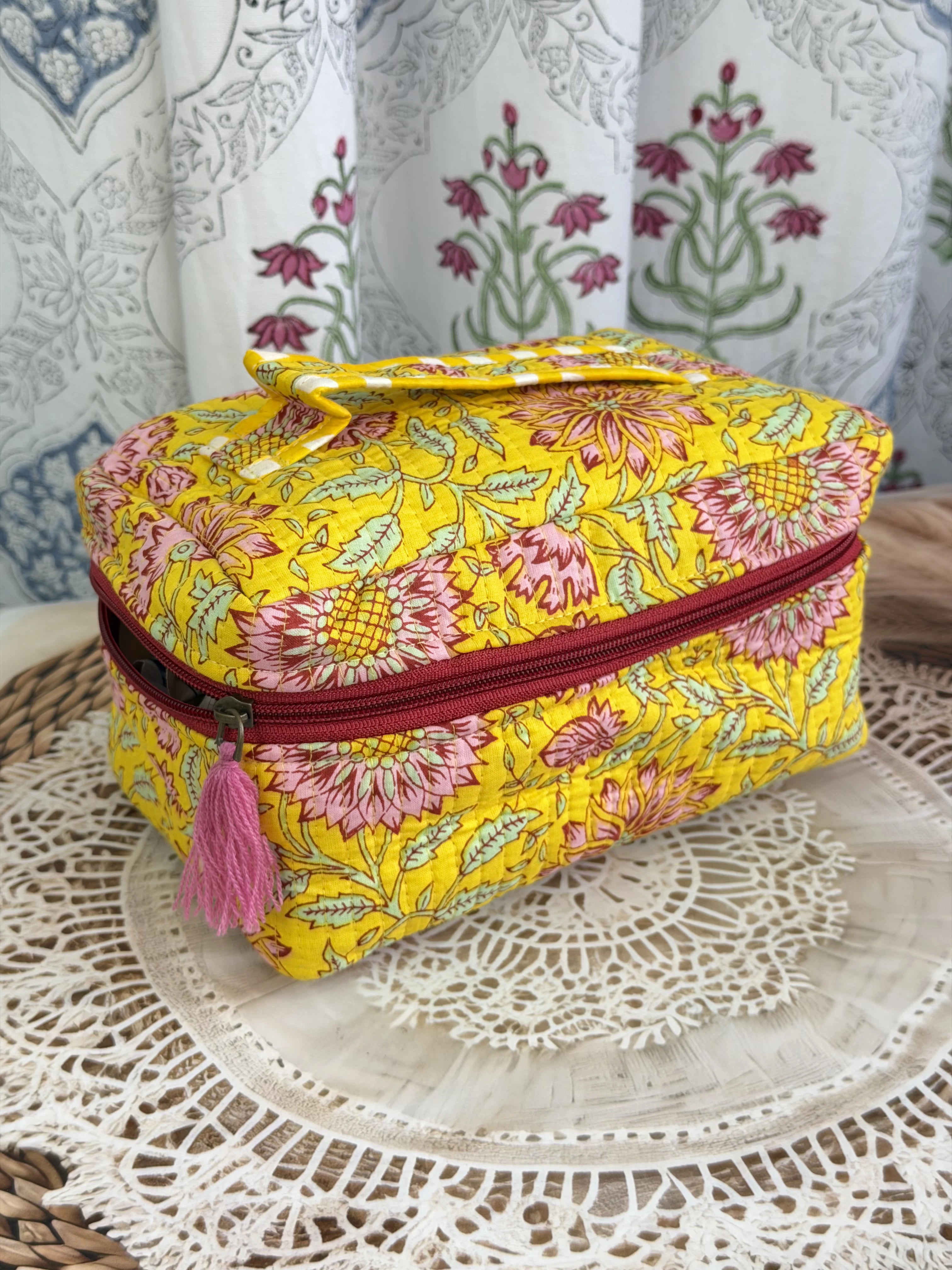 Jaipur Block Print Quilted Travel Makeup Bag for Women - Yellow Floral Side View