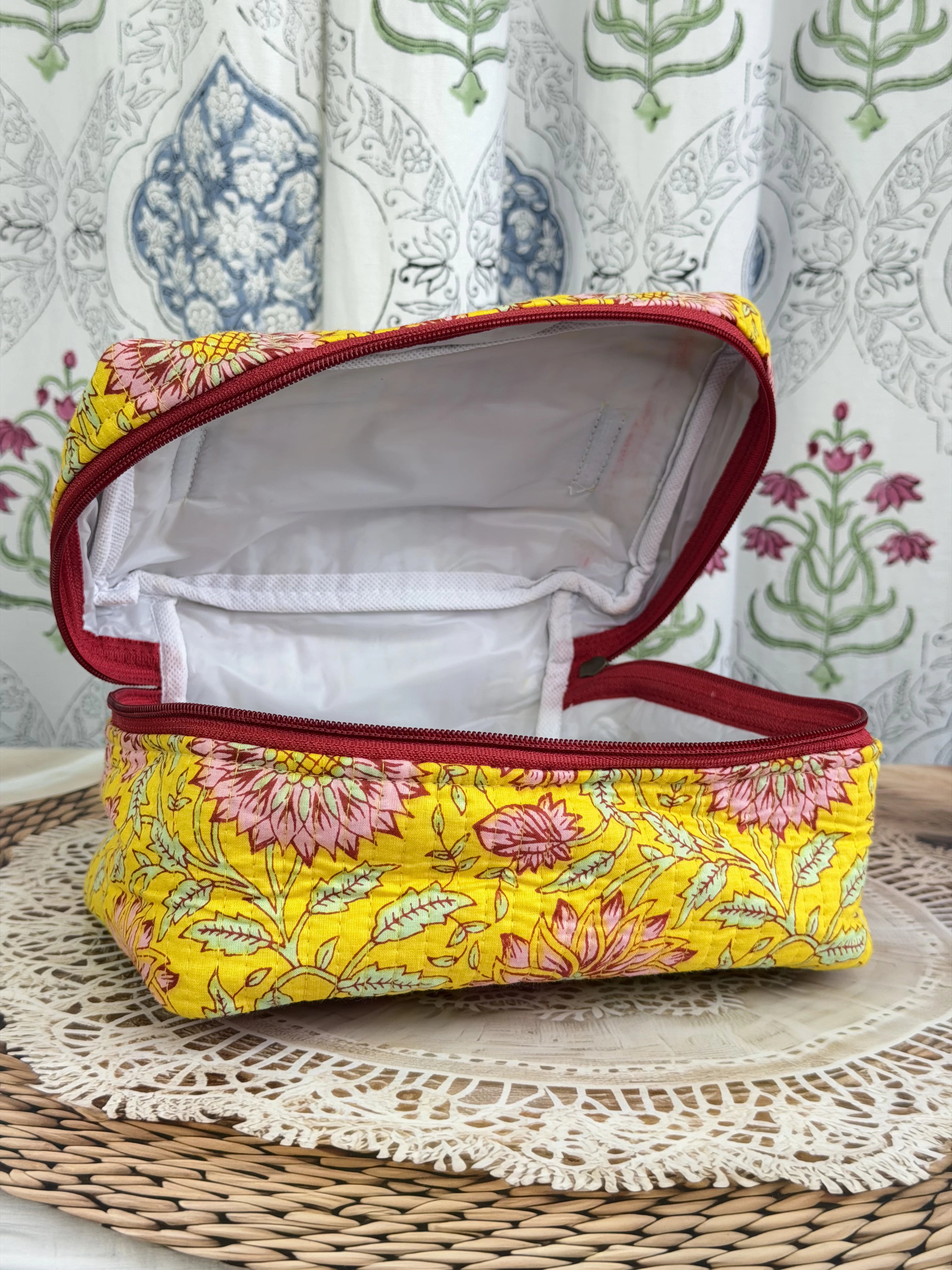 Jaipur Block Print Quilted Travel Makeup Bag for Women - Yellow Floral Interior View