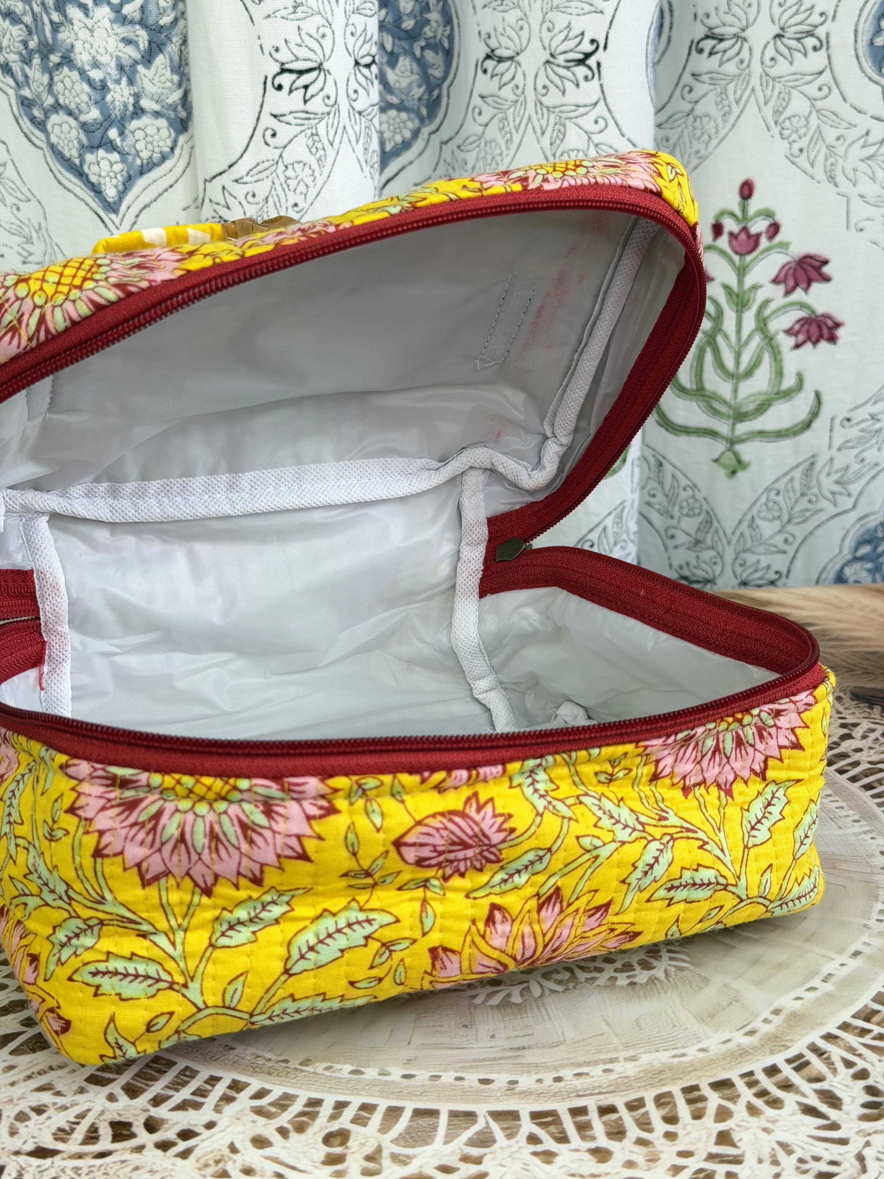 Jaipur Block Print Quilted Travel Makeup Bag for Women - Yellow Floral Close-Up View