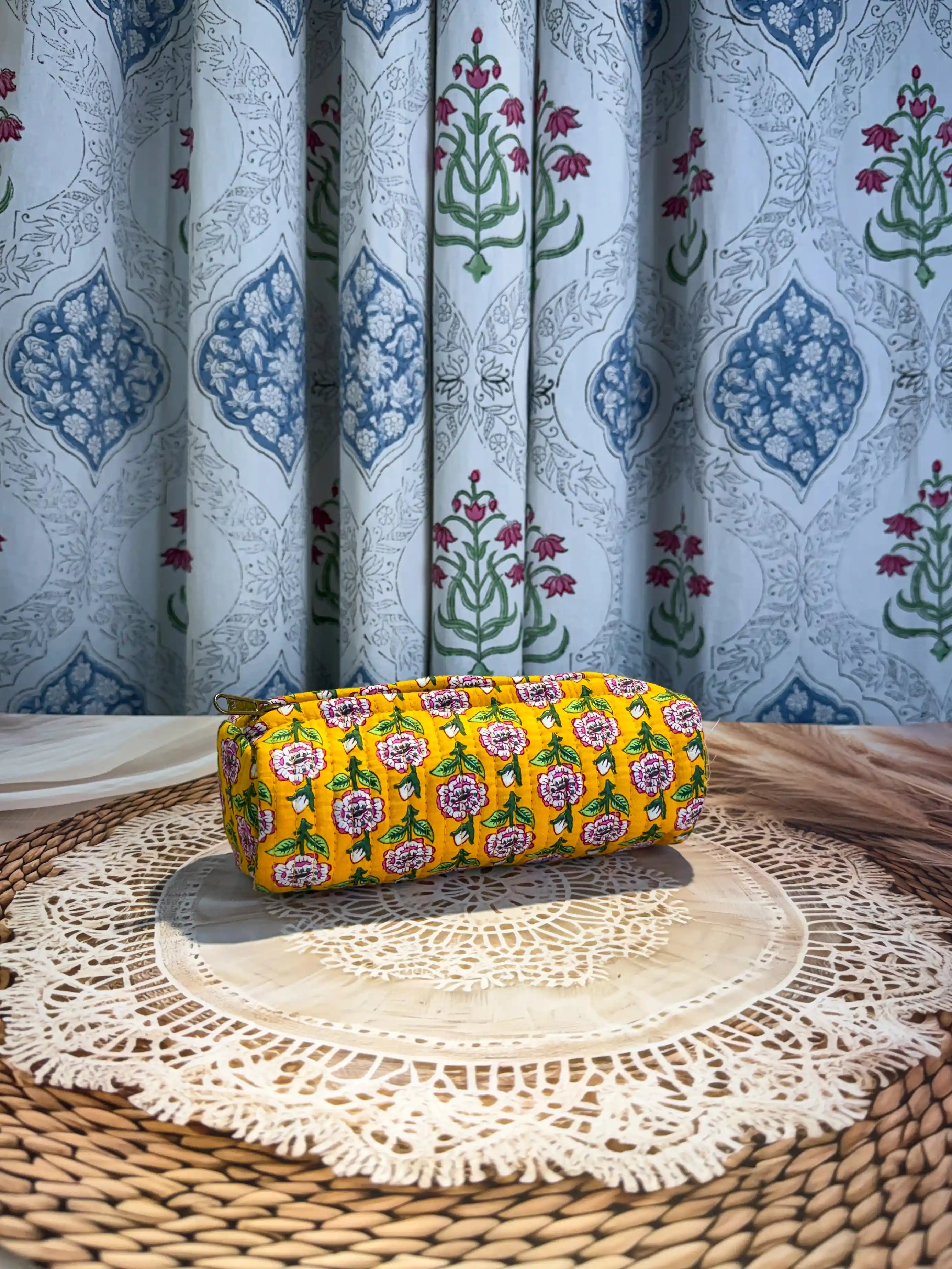 Quilted cotton pencil pouch with yellow geometric floral Jaipuri hand block print, zip closure, handcrafted pen pouch for school and office stationery.