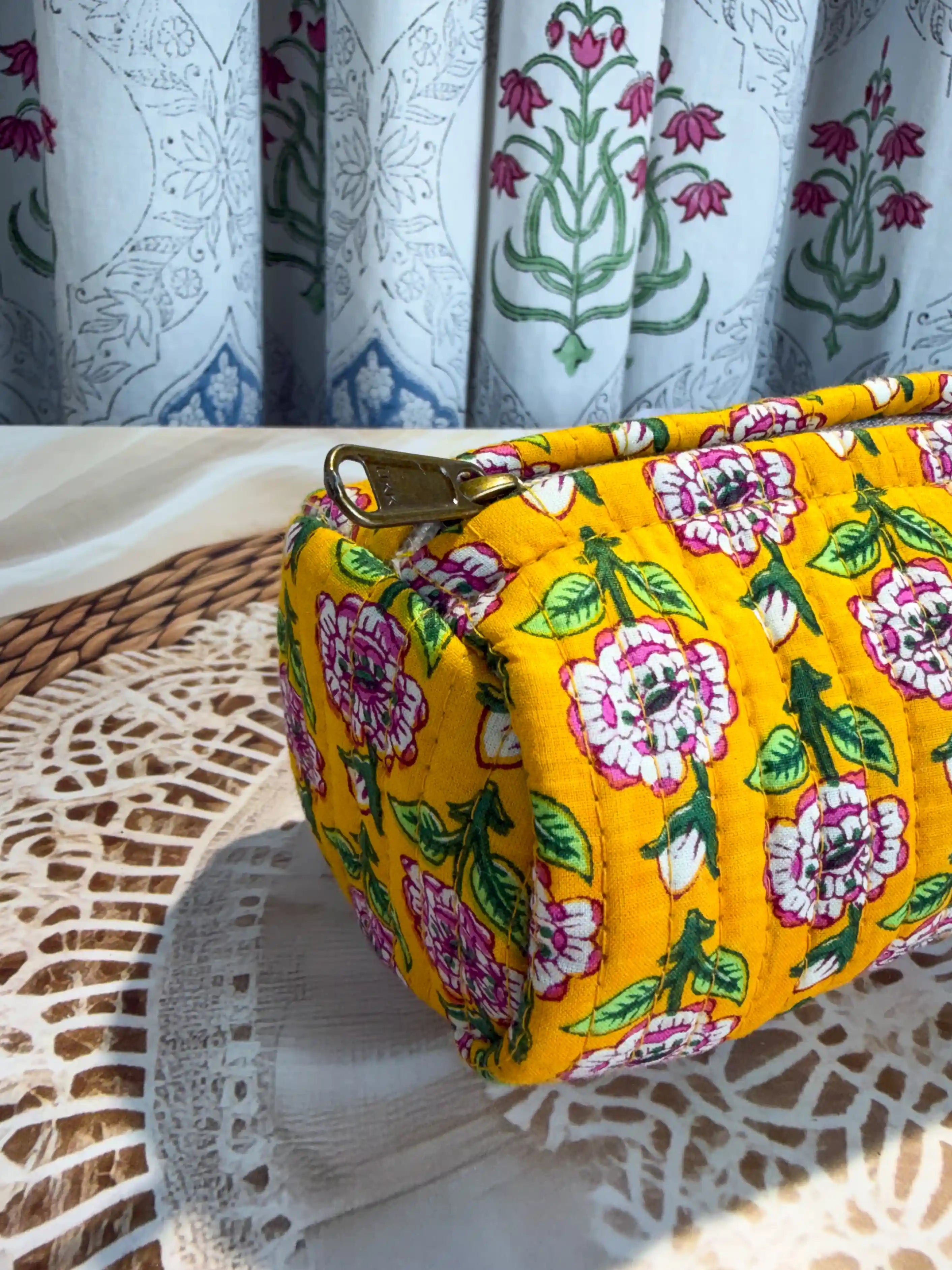 Quilted cotton pencil pouch with yellow geometric floral Jaipuri hand block print, zip closure, handcrafted pen pouch for school and office stationery.